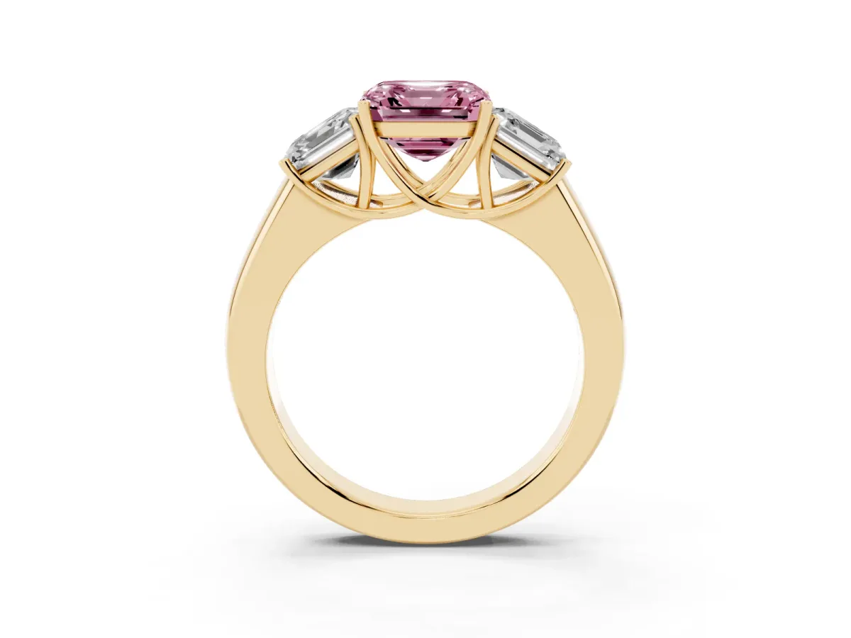Fancy Pink Three-Stone Asscher Cut Cut Diamond Ring with Prong Setting and Classic Band Yellow gold