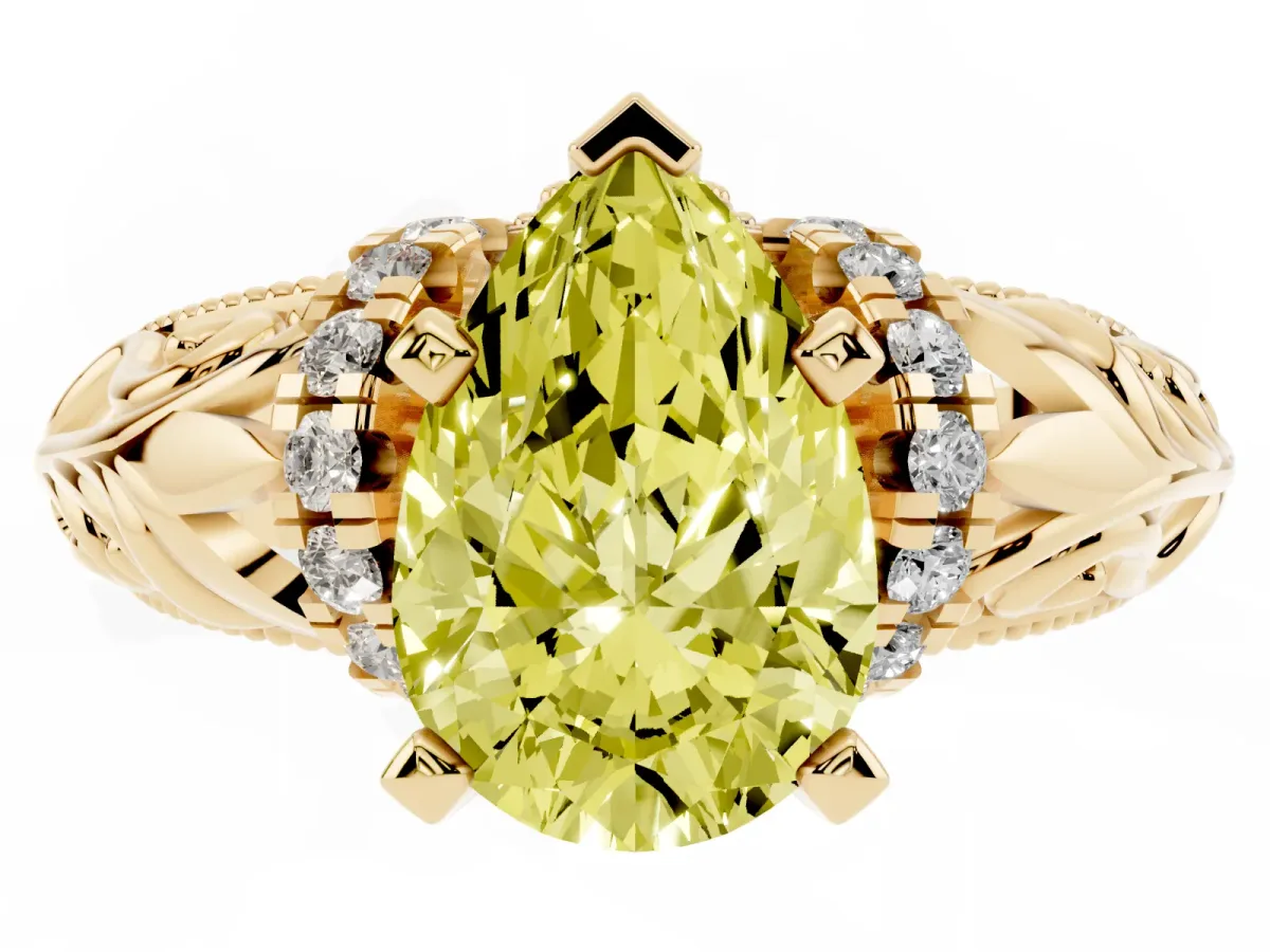 Fancy Yellow Pear Cut Solitaire Filigree Engagement Ring with Halo and Prong Setting Yellow gold