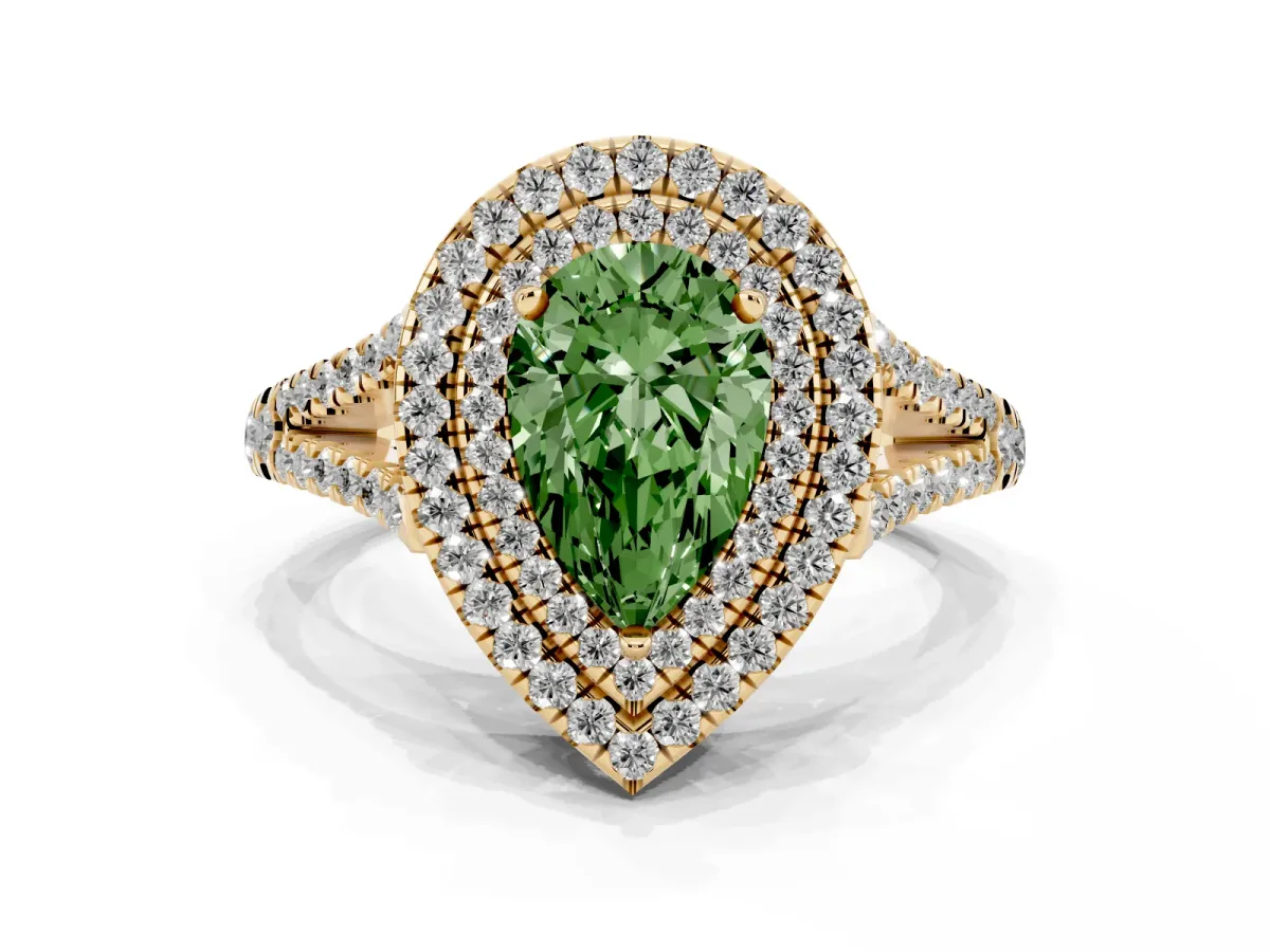 Fancy Green Pear Cut Diamond Double Halo Ring with Pavé Band and Prong Setting Yellow gold