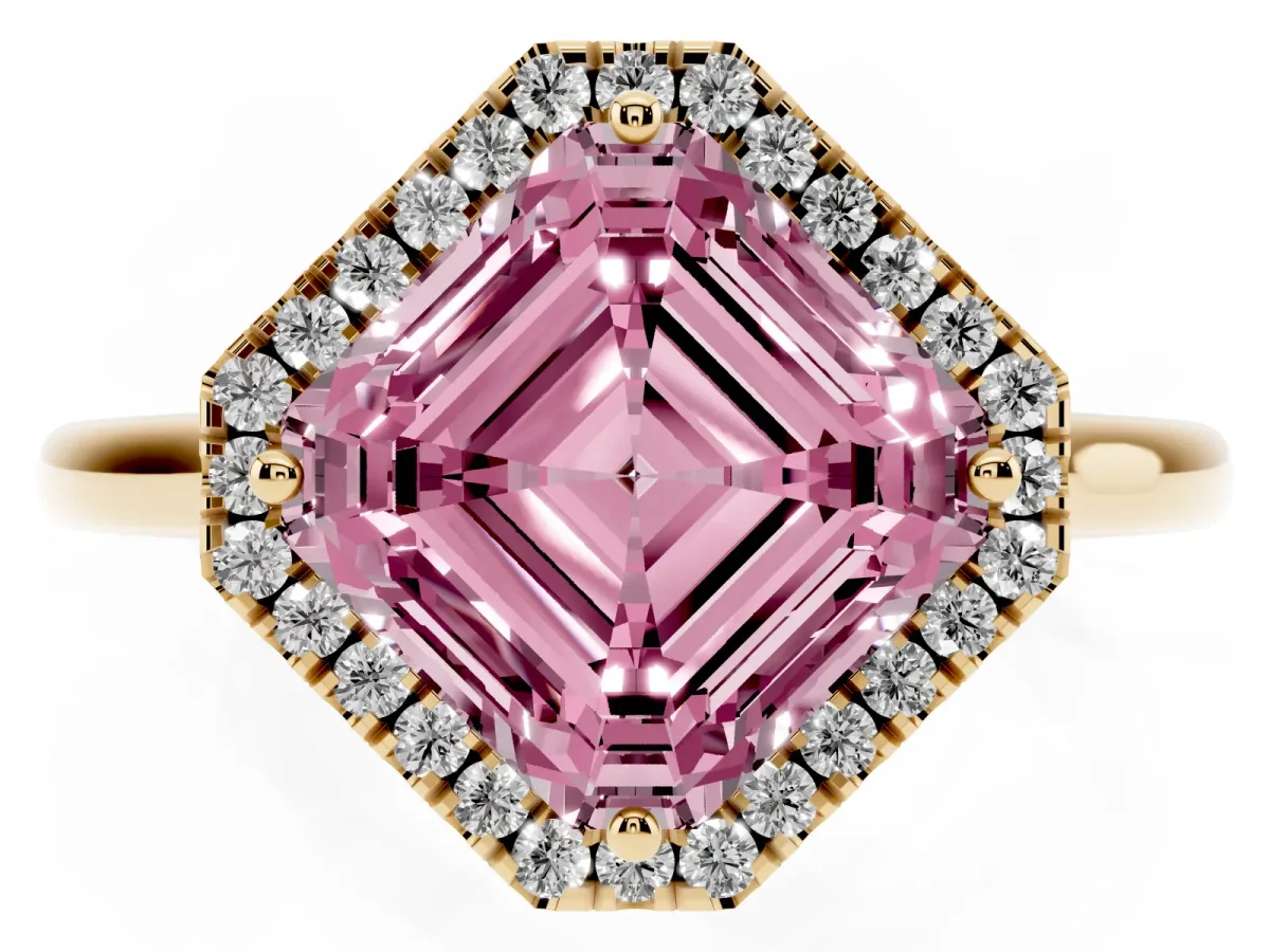 Fancy Pink Asscher Cut Halo Round Diamond Solitaire Engagement Ring with Pave Band and Four-Prong Setting Yellow gold