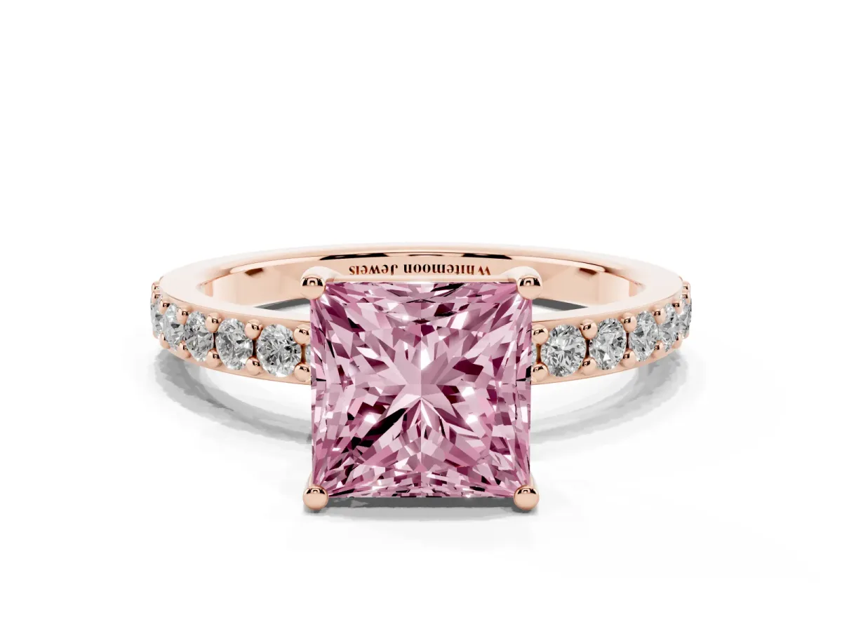 Fancy Pink Princess Cut Cut Diamond Solitaire with Pave Band and Four-Prong Setting Rose gold