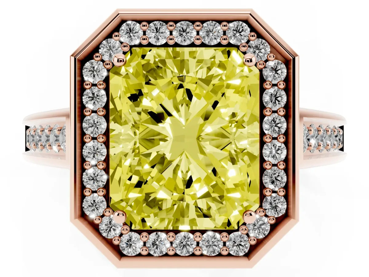 Fancy Yellow Emerald Cut Halo Solitaire Diamond Ring with Pave Band and Bezel Setting Rose gold