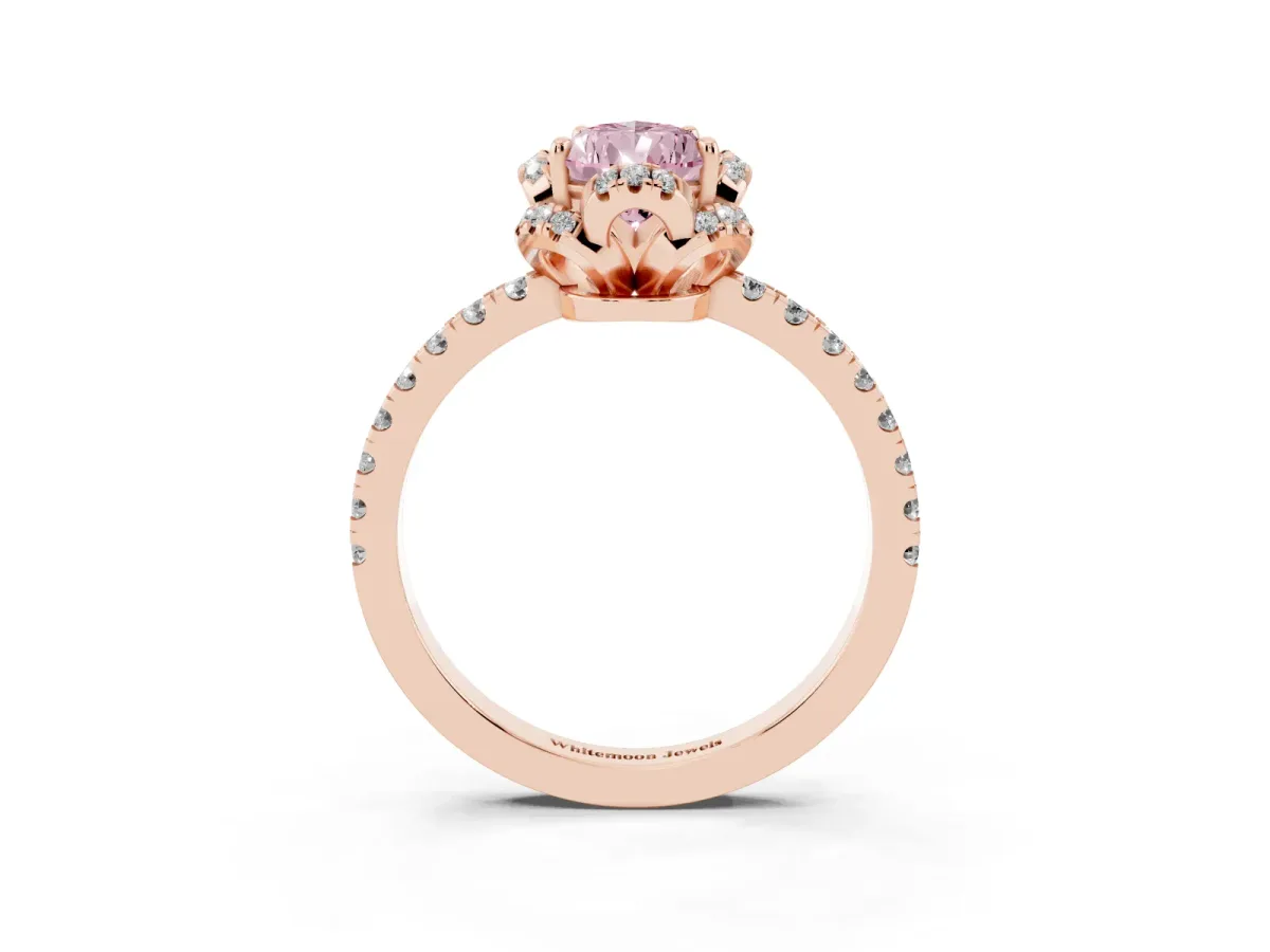 Fancy Pink Pear Cut Halo Diamond Pave Band Ring with Four-Prong Setting Rose gold