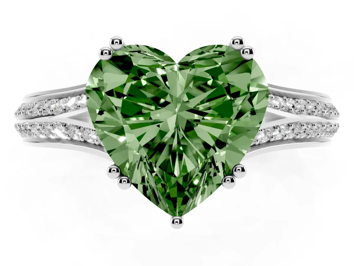 Fancy Green Heart Cut Diamond Split Shank Engagement Ring with Pavé Band Silver