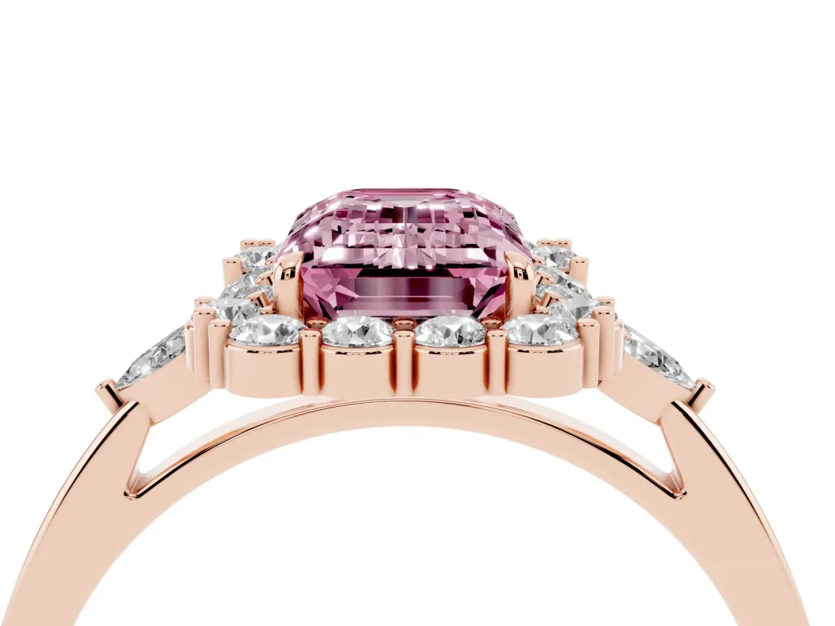 Fancy Pink Emerald Cut Diamond Halo Ring with Pear Side Stones and Prong Setting Rose gold