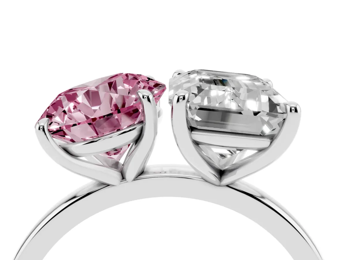 Fancy Pink Round Cut and Emerald Cut Toi Moi Ring with Prong Setting Silver