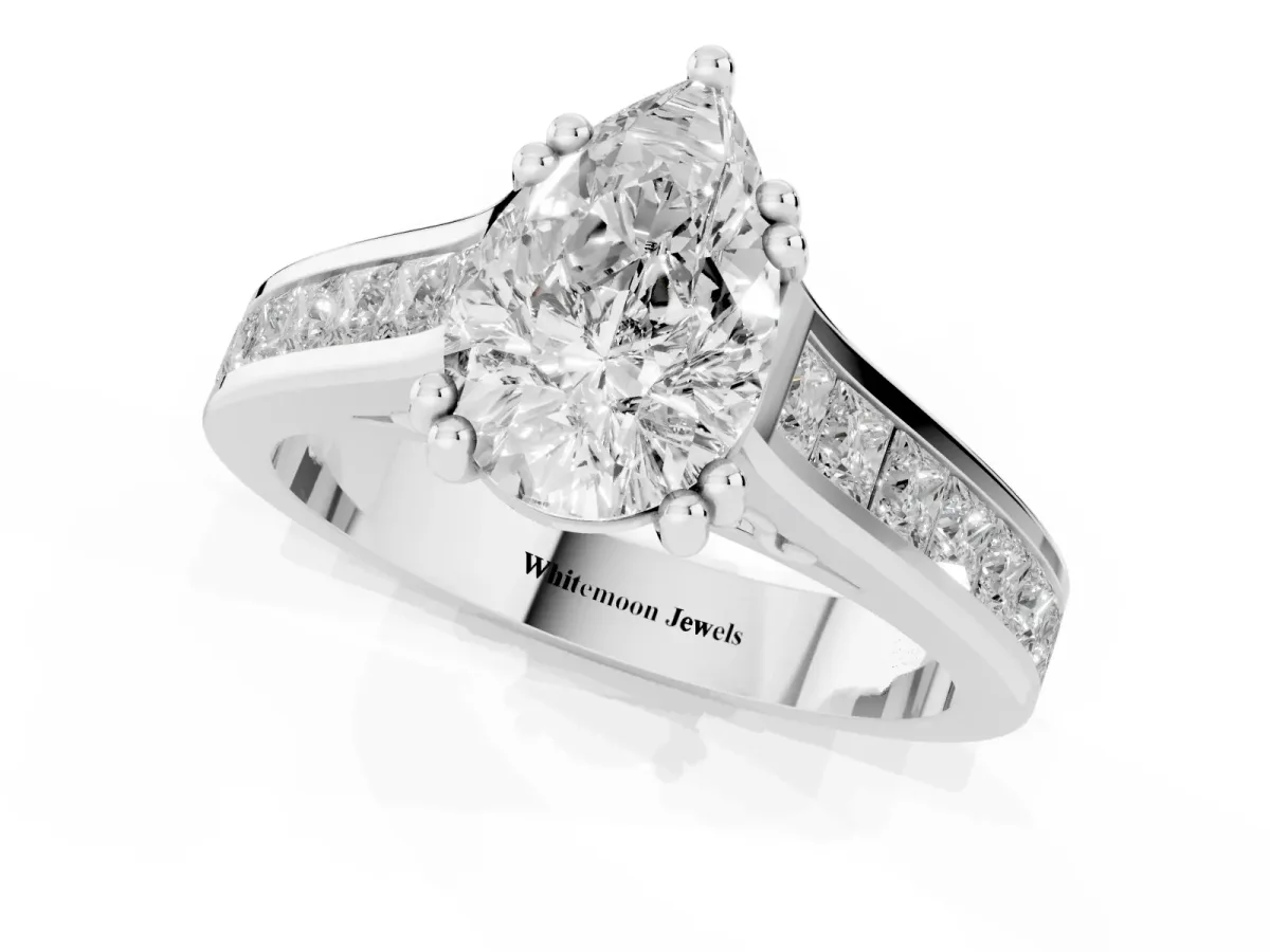 Pear Cut Cut Channel Set Solitaire Engagement Ring with Prong Setting Silver