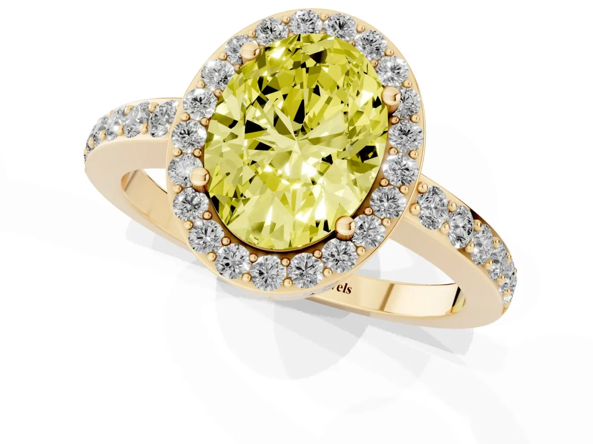 Fancy Yellow Oval Cut Halo Diamond Pavé Band Ring with Prong Setting Yellow gold