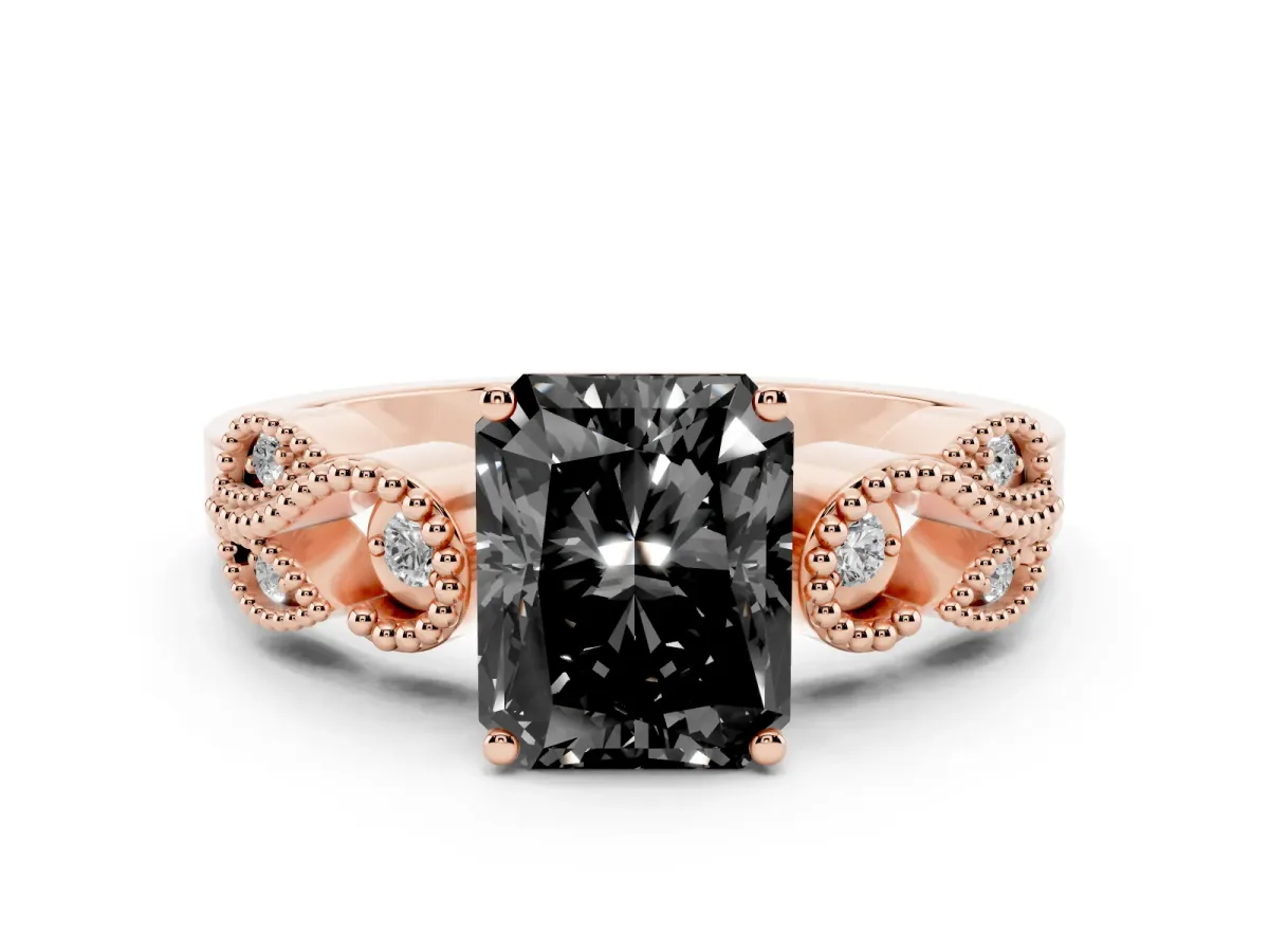 Fancy Black Princess Cut Solitaire Milgrain Leaf Band with Prong Setting Rose gold