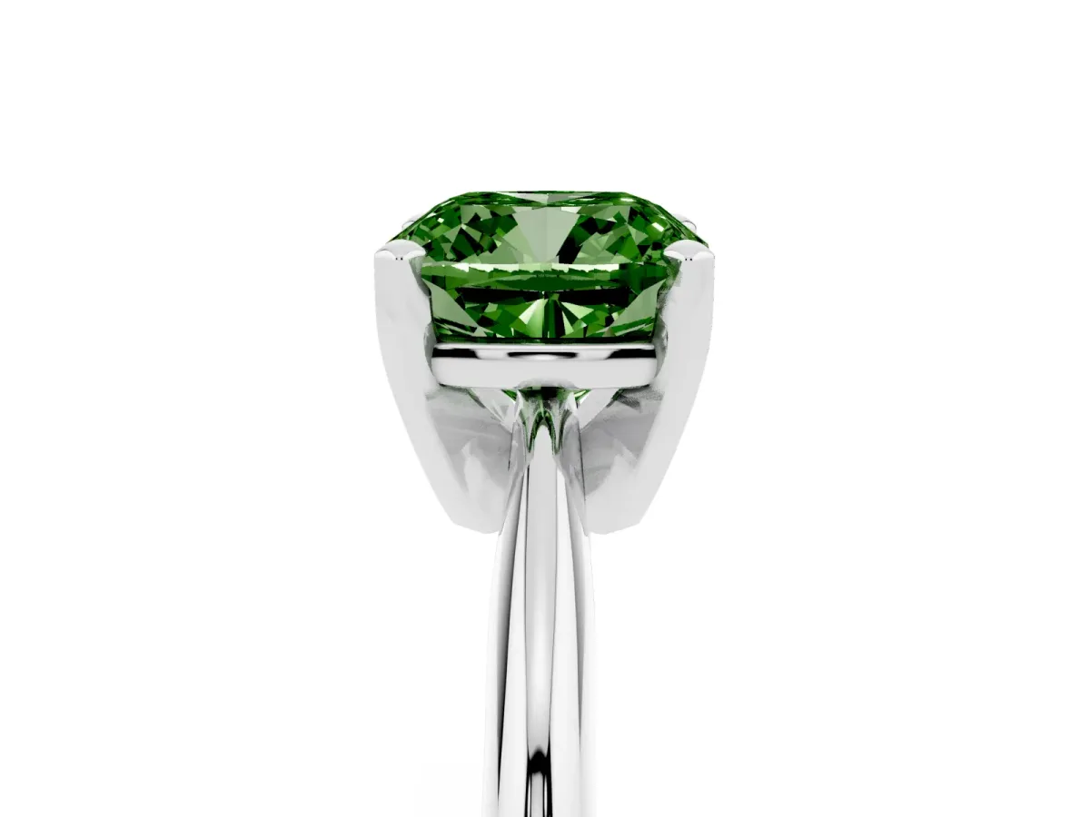 Fancy Green Cushion Cut Cut Solitaire Ring with Four-Prong Setting on a Classic Band Silver