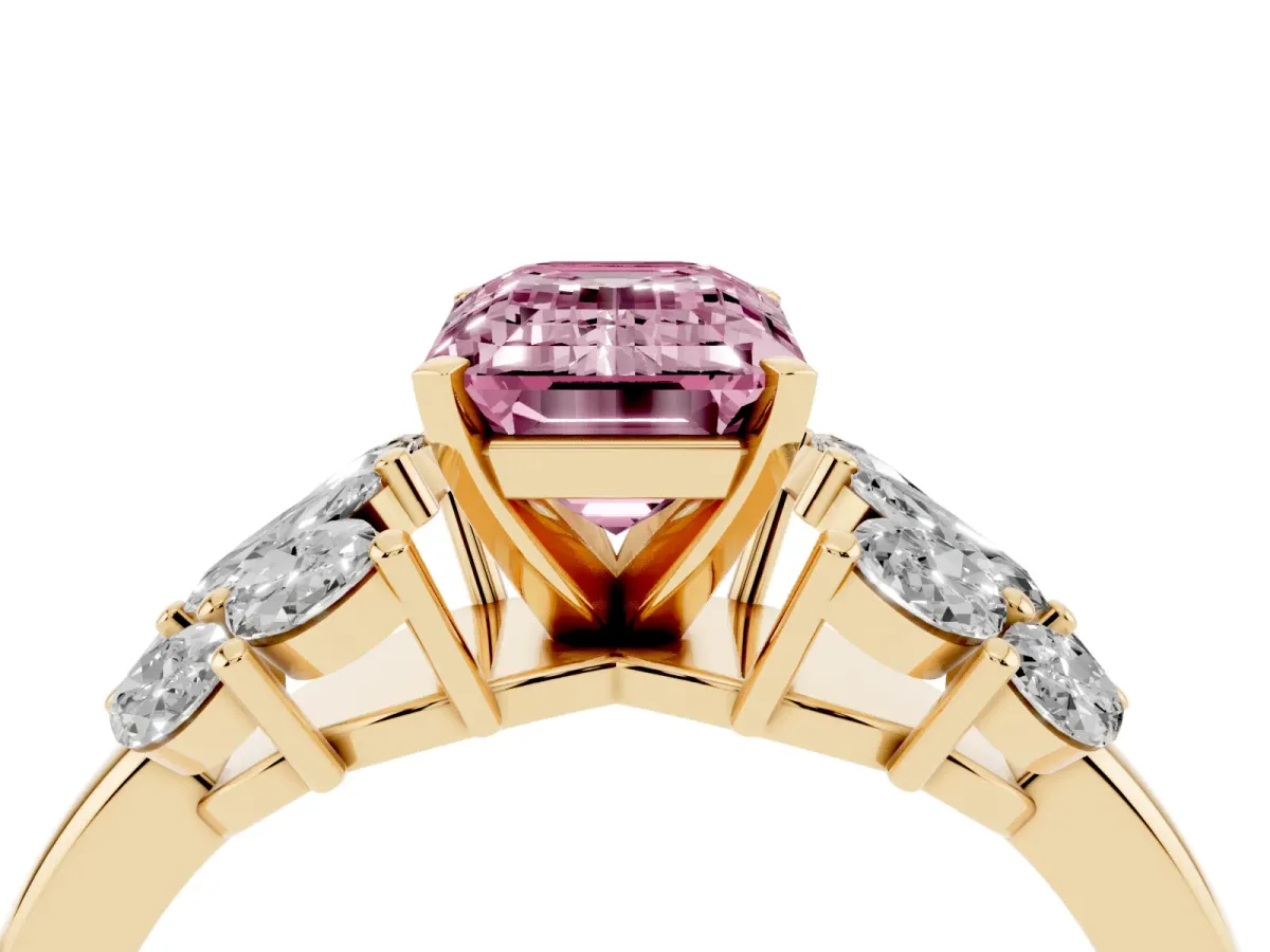 Fancy Pink Emerald Cut Diamond Cluster Leaf Design Ring with Prong Setting Yellow gold