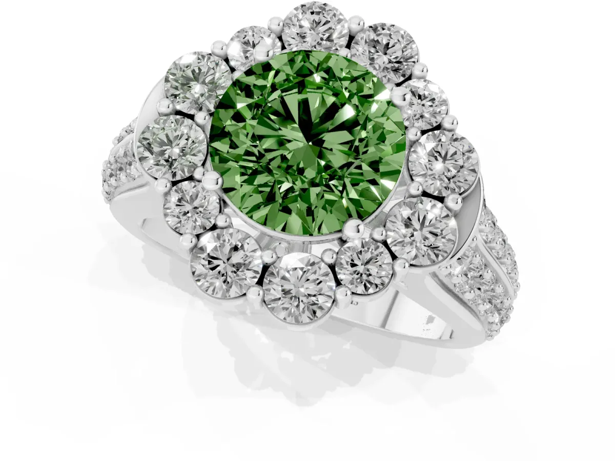 Fancy Green Round Cut Halo Diamond Engagement Ring with Split Shank and Prong Setting Silver