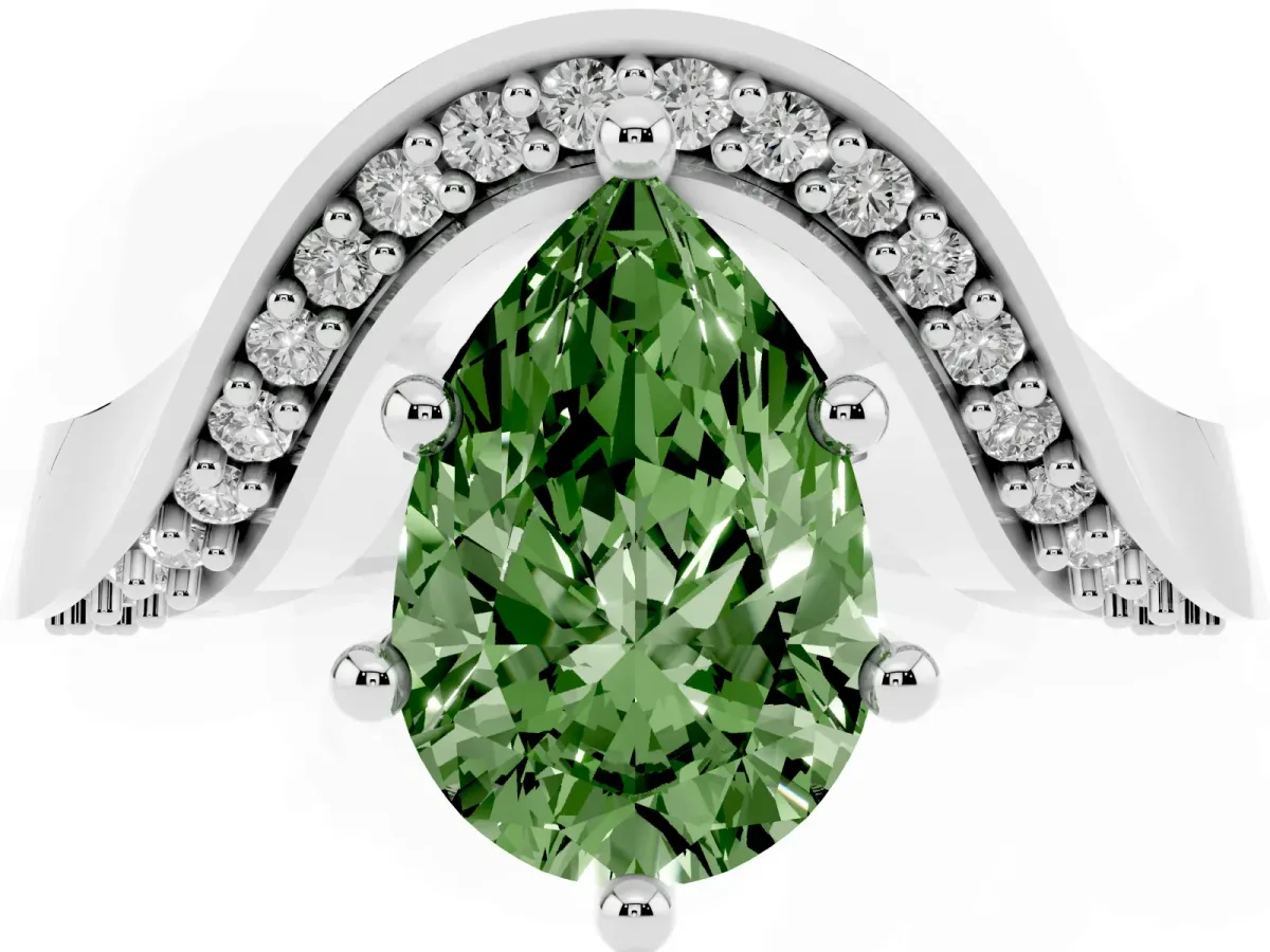 Fancy Green Pear Cut Solitaire Diamond Engagement Ring with Pave Band and Four-Prong Setting White gold