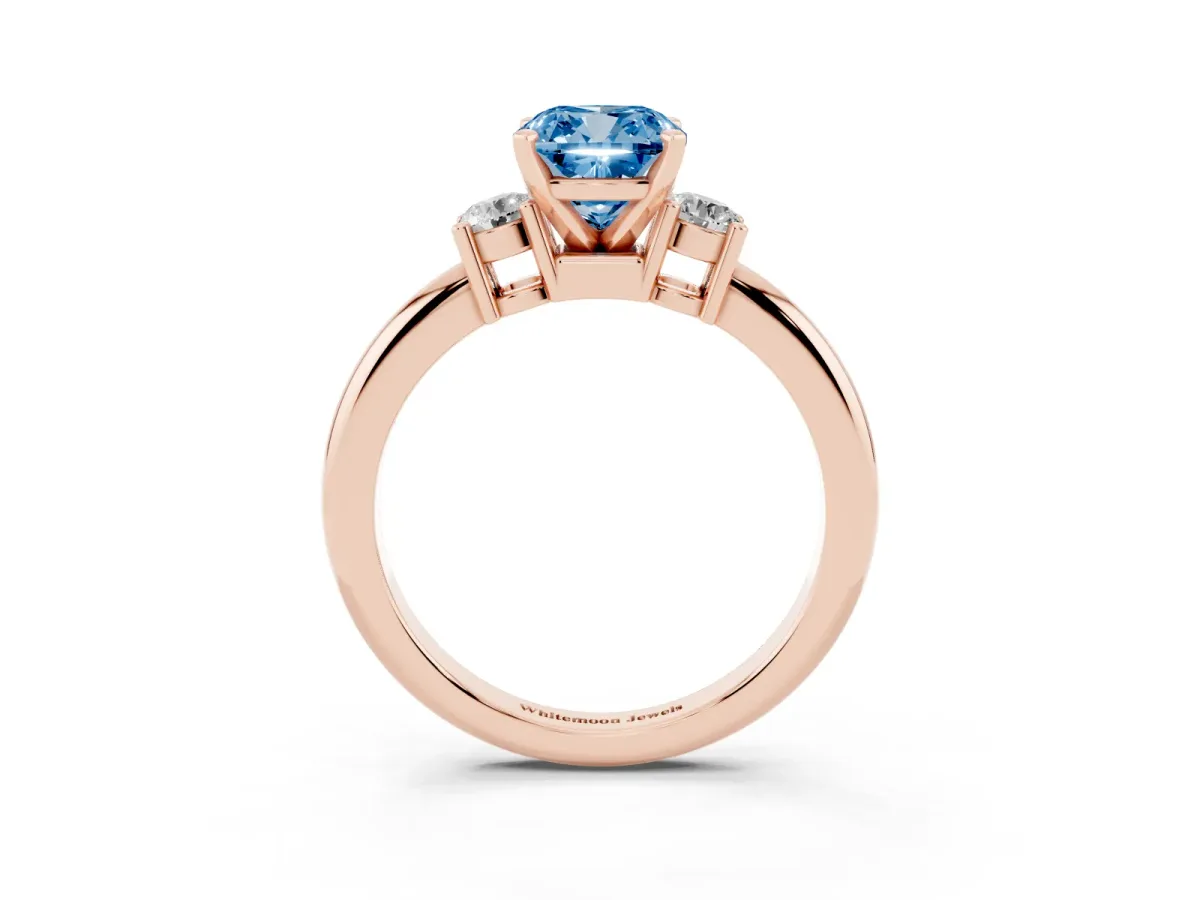 Fancy Blue Three-Stone Cushion Cut Cut Diamond Solitaire with Prong Setting and Classic Band Rose gold
