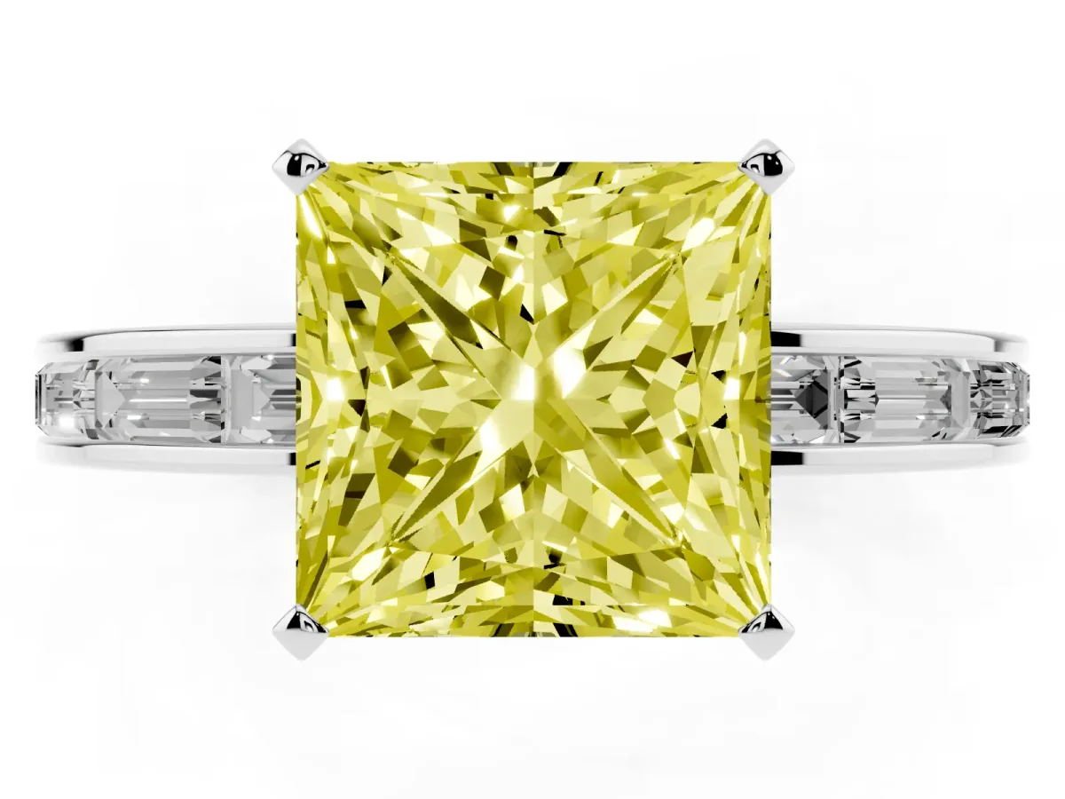 Fancy Yellow Princess Cut Solitaire Diamond Ring with Channel-Set Baguette Band and Four-Prong Setting Platinum