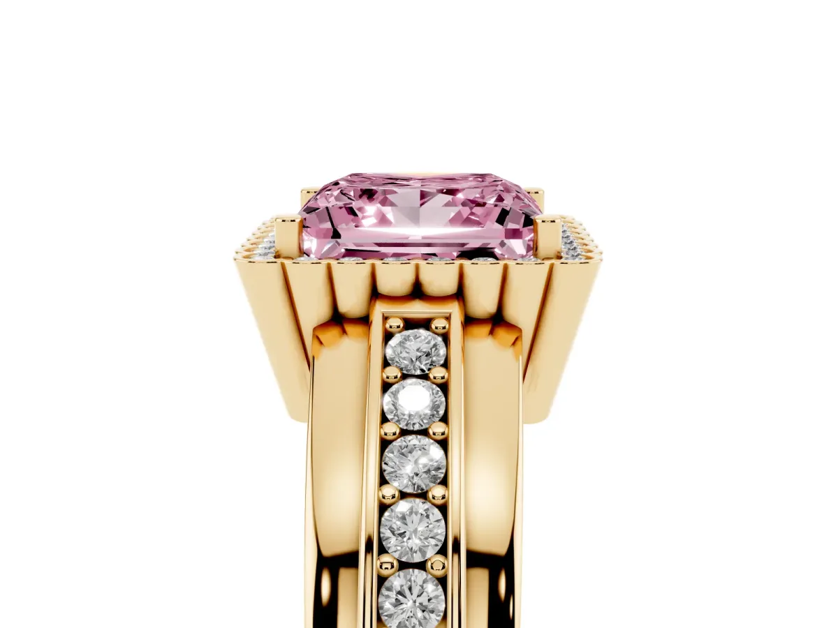 Fancy Pink Princess Cut Cut Halo Pave Band Four-Prong Ring Yellow gold