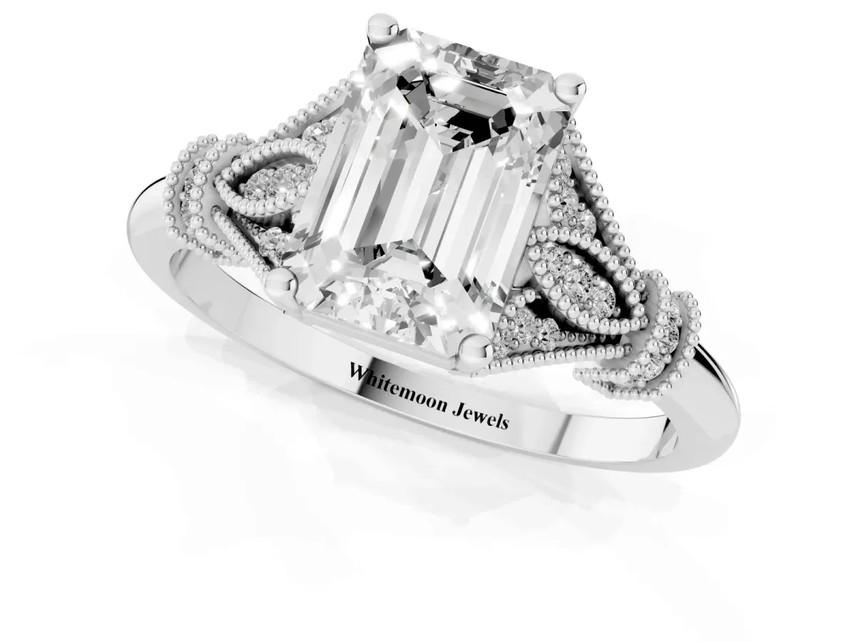 Emerald Cut Diamond Solitaire Ring with Floral Filigree and Pave Accents Silver