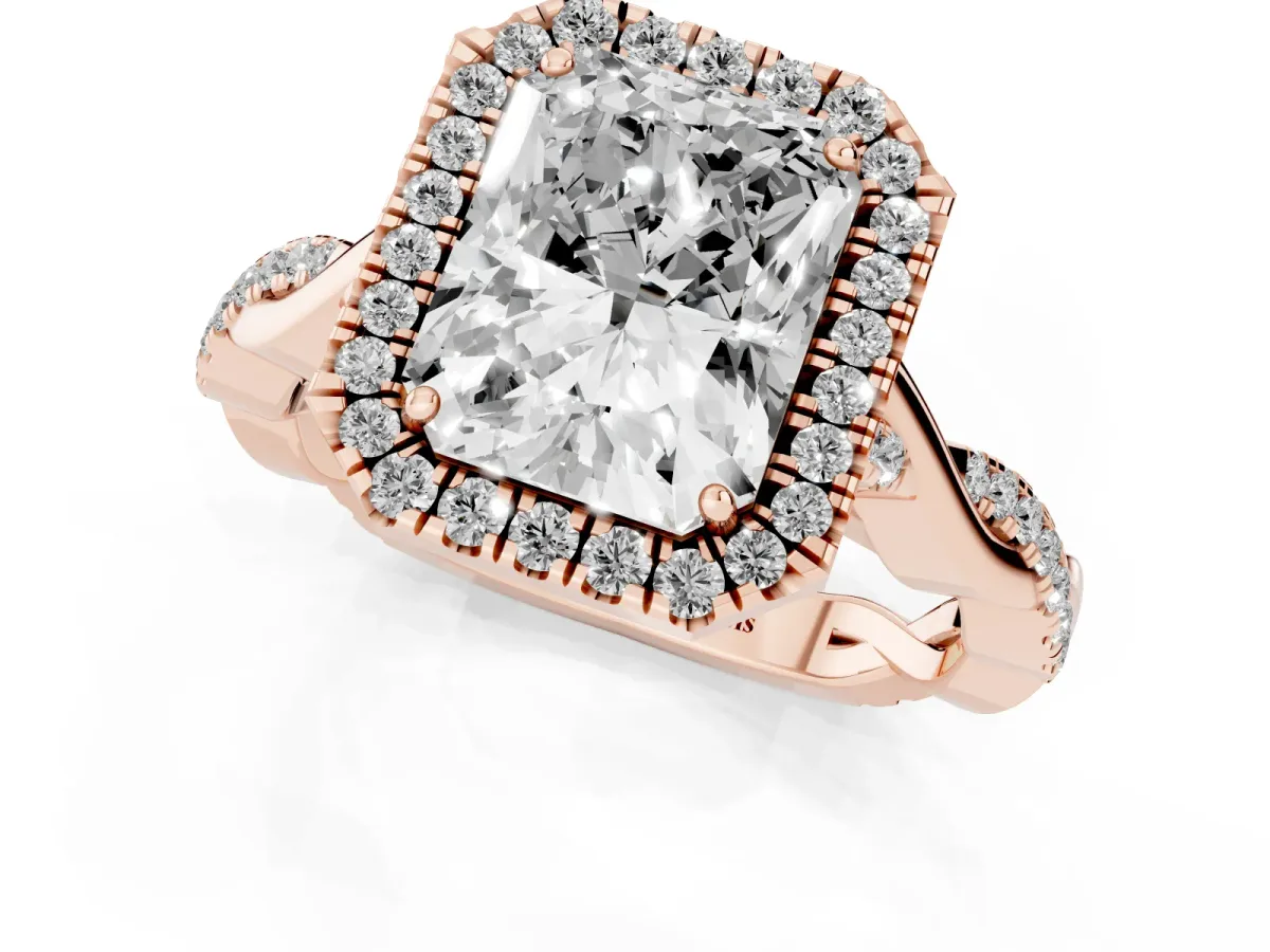 Radiant Cut Halo Twist Band Solitaire Ring Rose gold