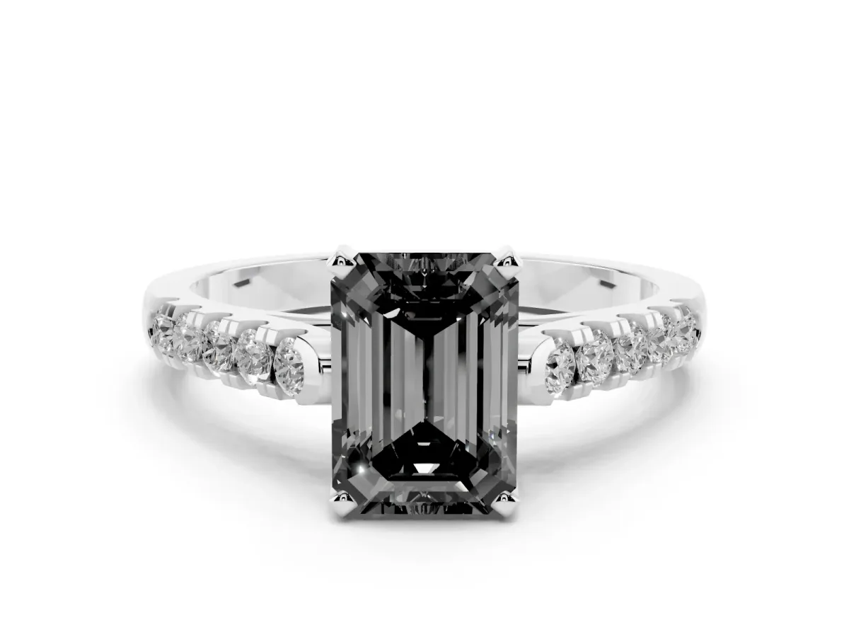 Fancy Black Emerald Cut Diamond Pavé Band Solitaire Ring with Prong Setting Silver