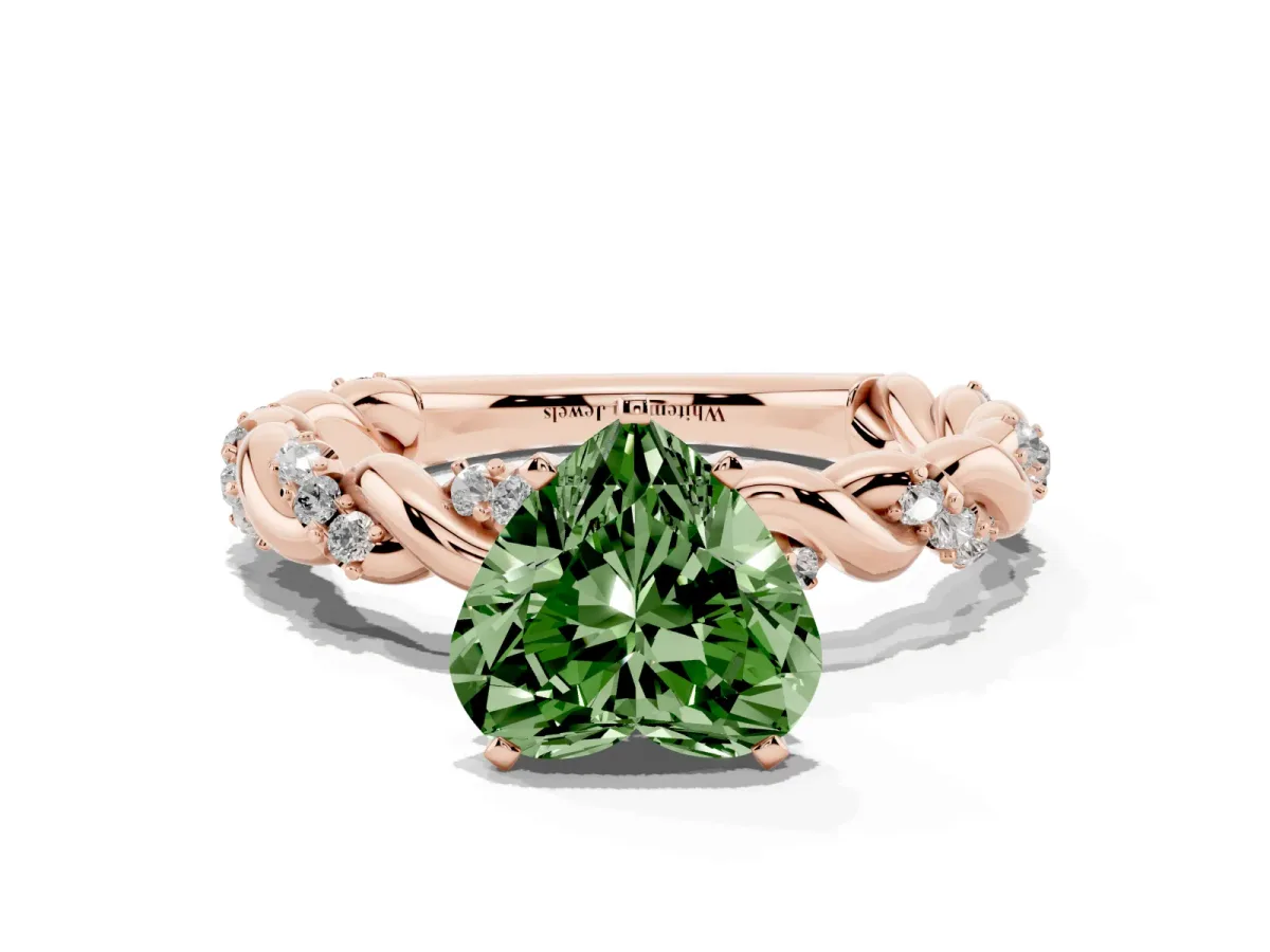 Fancy Green Heart Cut Diamond Solitaire Ring with Twisted Band and Pavé Accents Rose gold