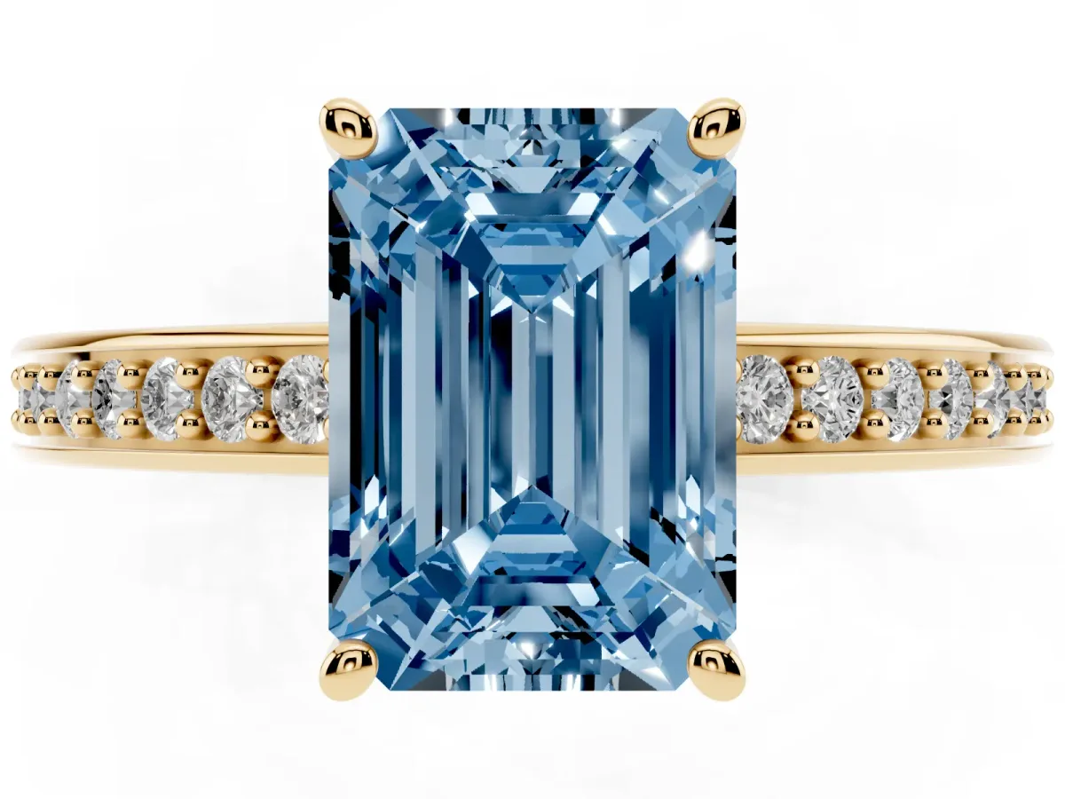 Fancy Blue Emerald Cut Solitaire Pavé Band Prong Setting Ring Yellow gold