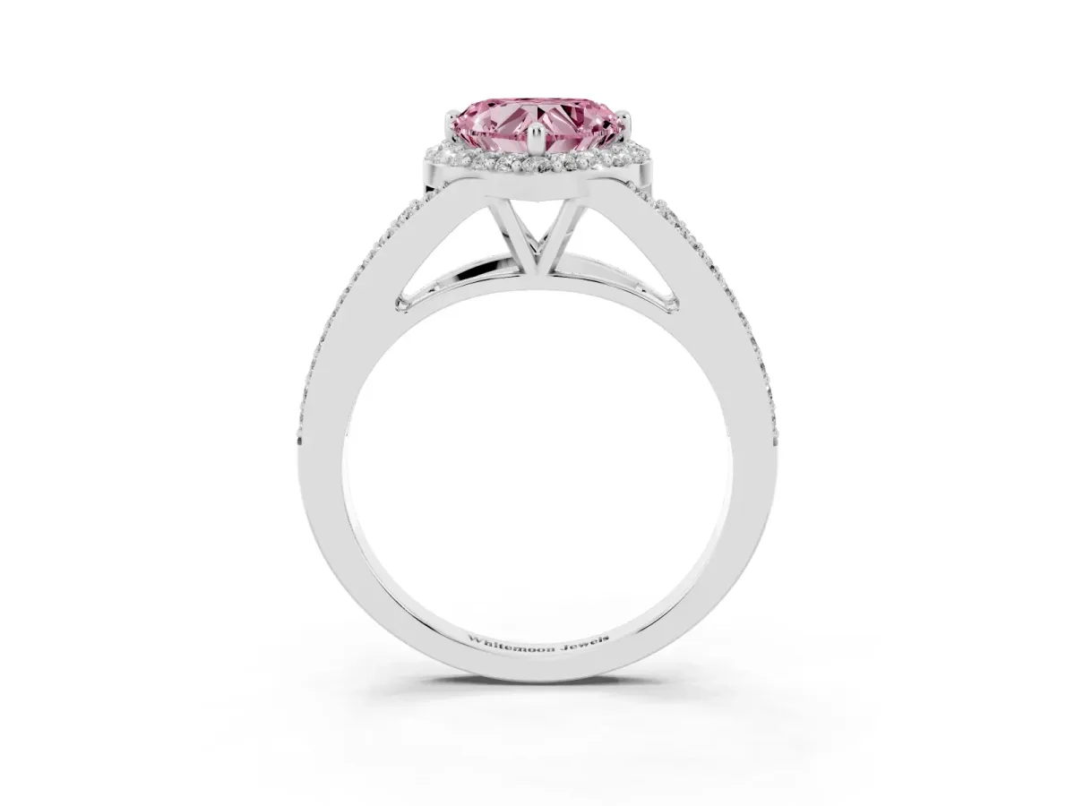 Fancy Pink Heart Cut Halo Split Shank Pave Diamond Ring with Four-Prong Setting Platinum