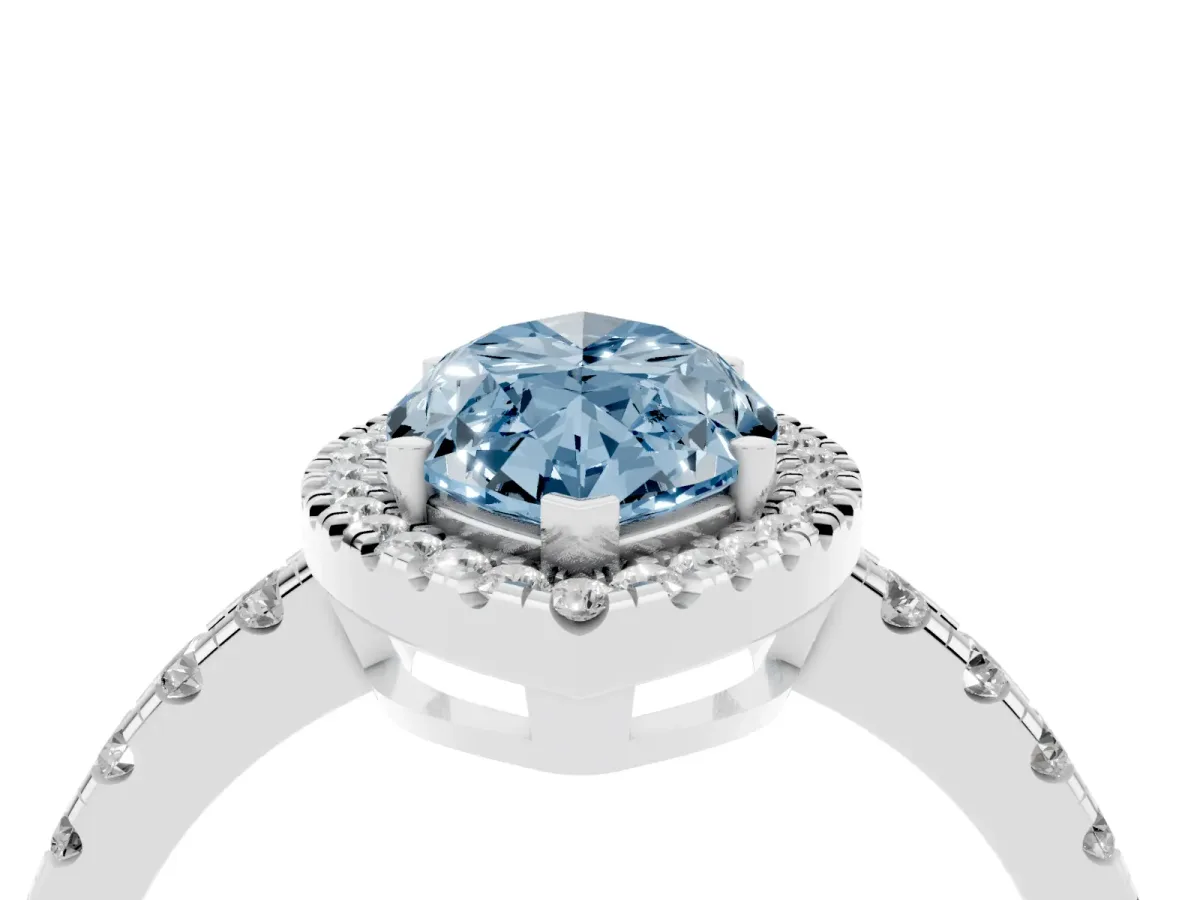 Fancy Blue Marquise Cut Diamond Halo Ring with Pavé Band and Four-Prong Setting White gold