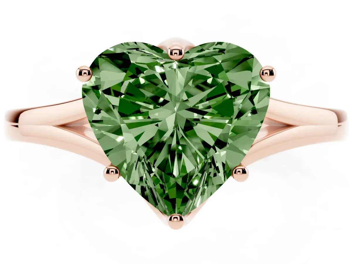 Fancy Green Heart Cut Solitaire Diamond Ring with Six-Prong Setting and Tapered Band Rose gold