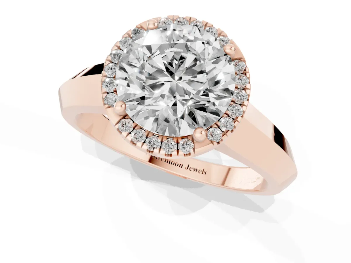 Round Cut Halo Diamond Ring with Cathedral Band and Four-Prong Setting Rose gold