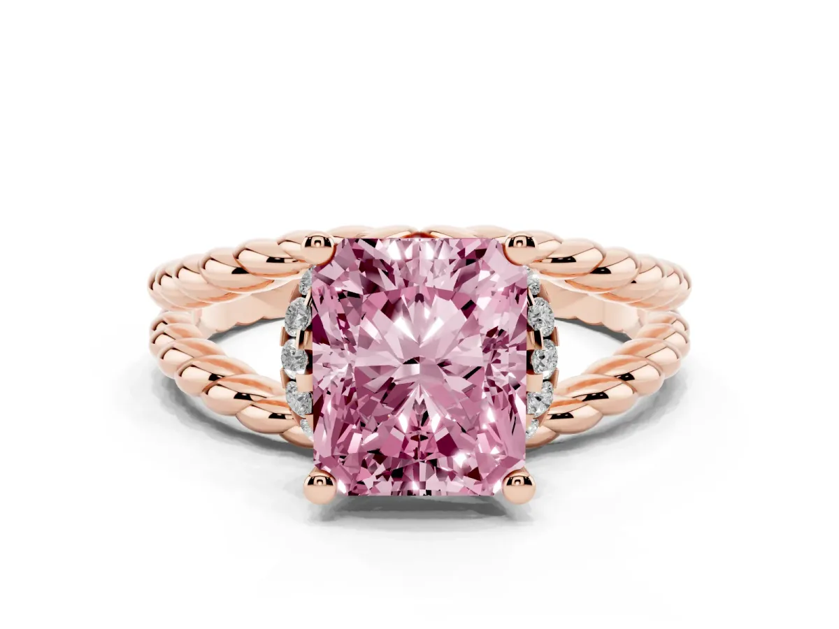 Fancy Pink Radiant Cut Halo Twisted Band Four-Prong Ring Rose gold