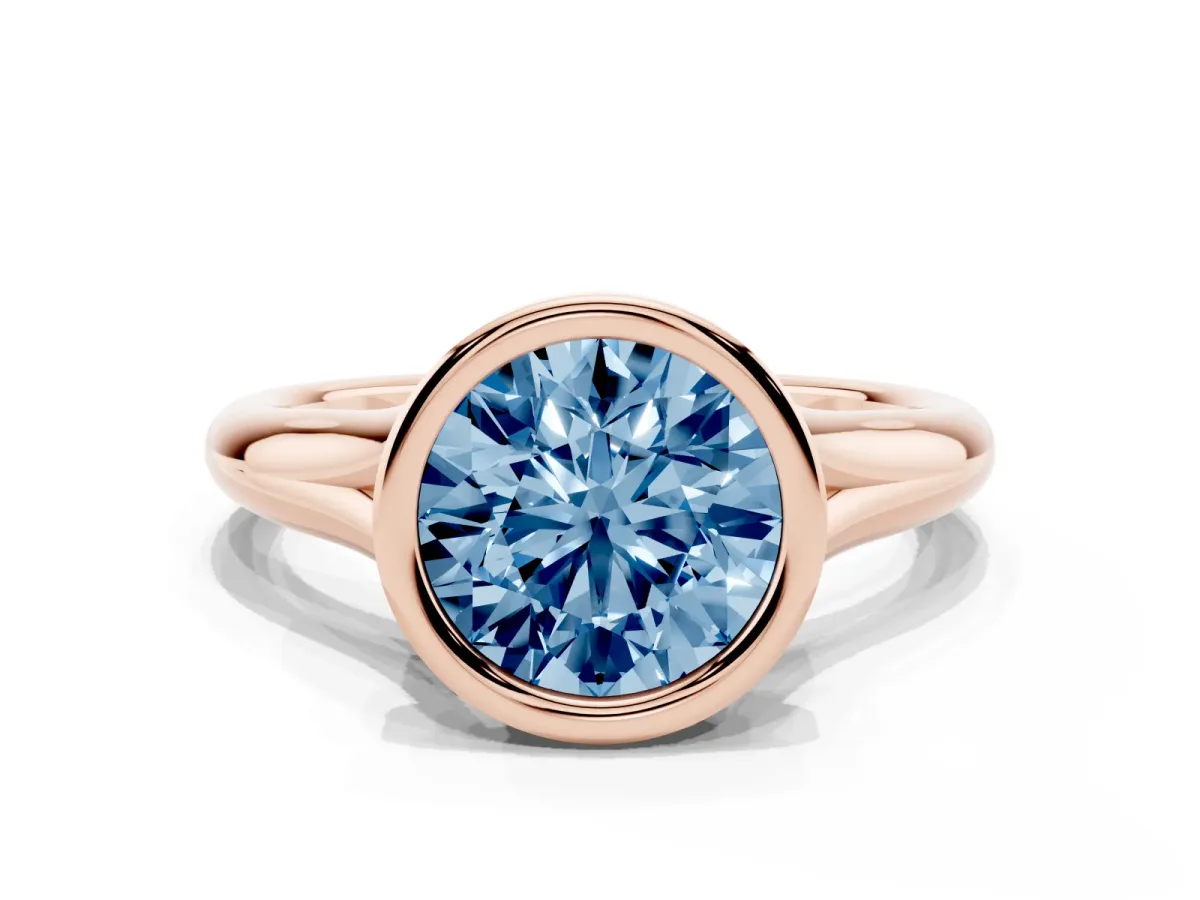 Fancy Blue Bezel Set Round Cut Solitaire Diamond Ring with Smooth Band Rose gold