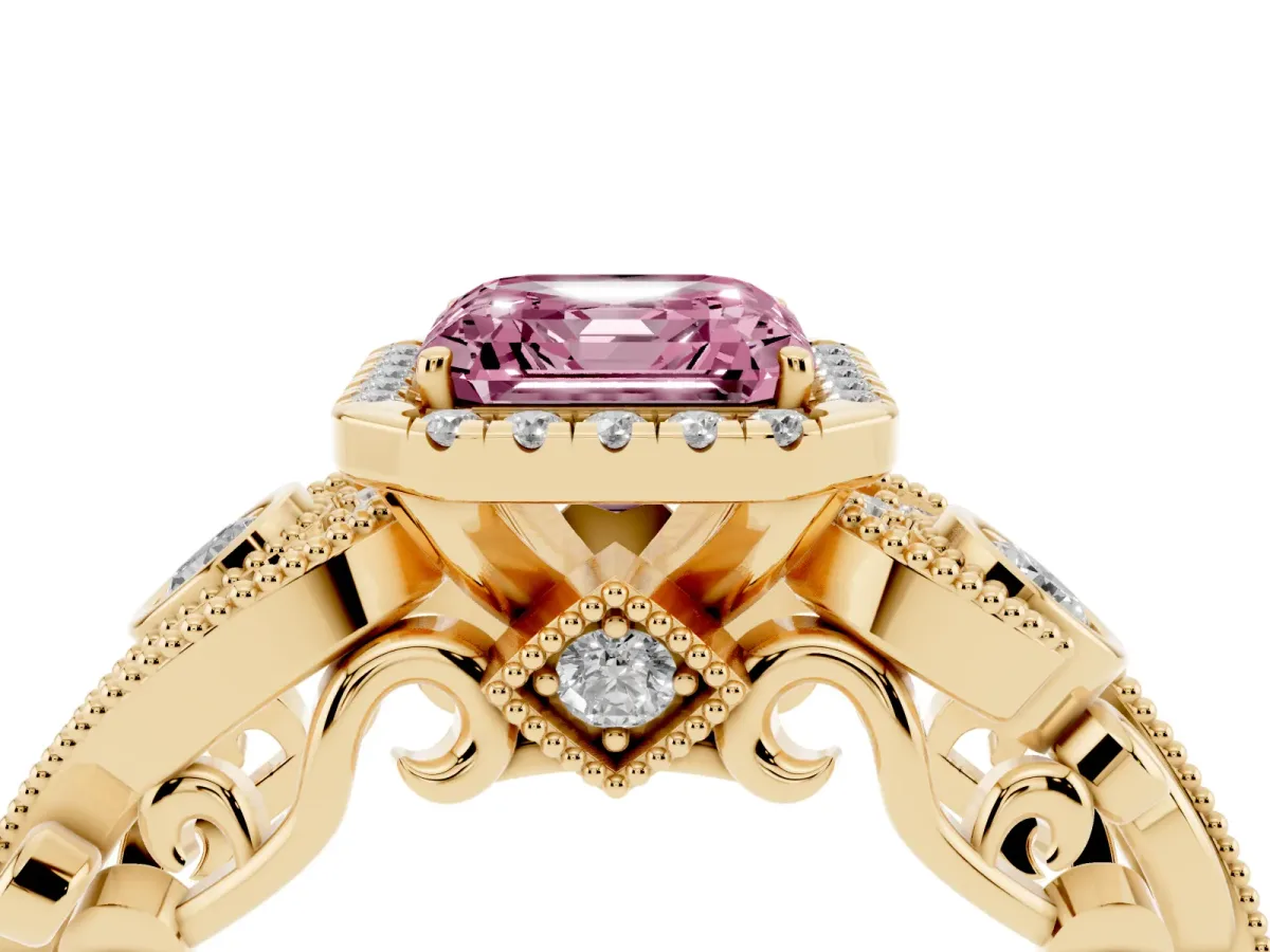 Fancy Pink Asscher Cut Halo Diamond Ring with Milgrain and Bezel Accents on a Split Shank Band Yellow gold