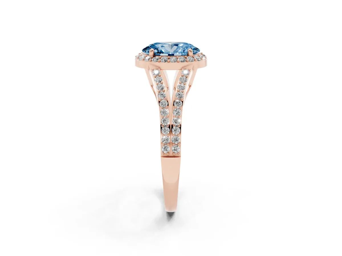 Fancy Blue Oval Cut Halo Split Shank Pave Diamond Ring with Four-Prong Setting Rose gold