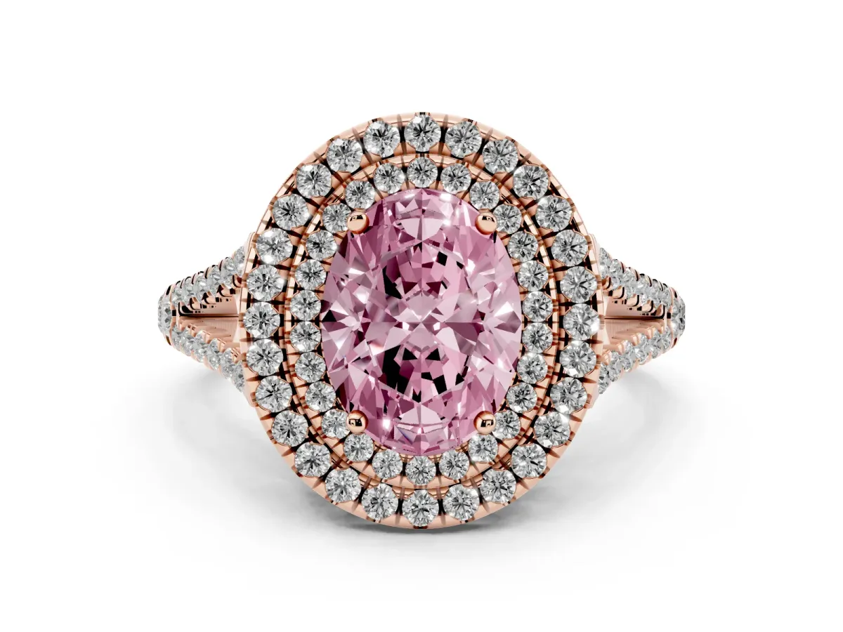 Fancy Pink Oval Cut Diamond Double Halo Ring with Pavé Band and Prong Setting Rose gold