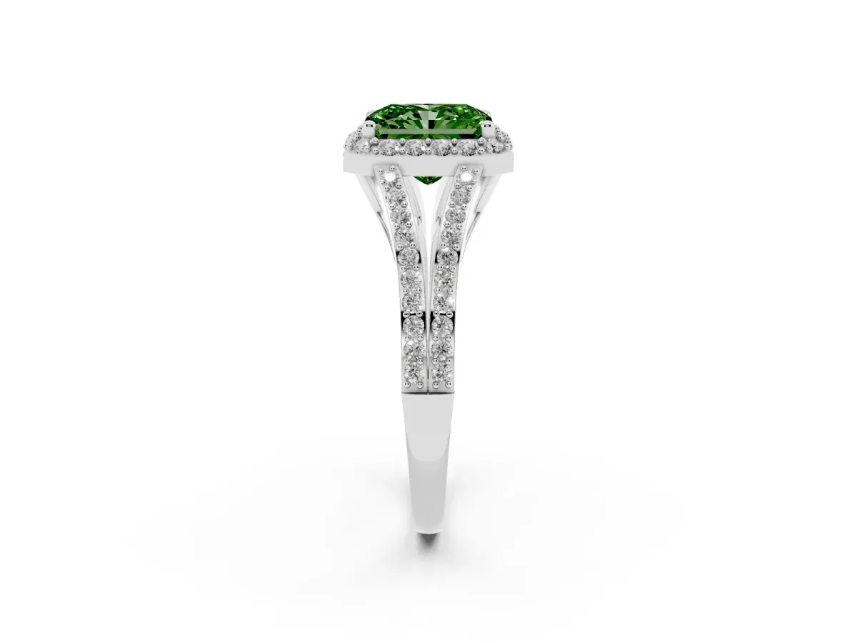 Fancy Green Radiant Cut Halo Split Shank Diamond Ring with Prong Setting Silver