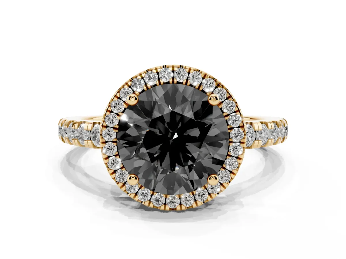 Fancy Black Round Cut Diamond Halo Ring with Pavé Band and Four-Prong Setting Yellow gold