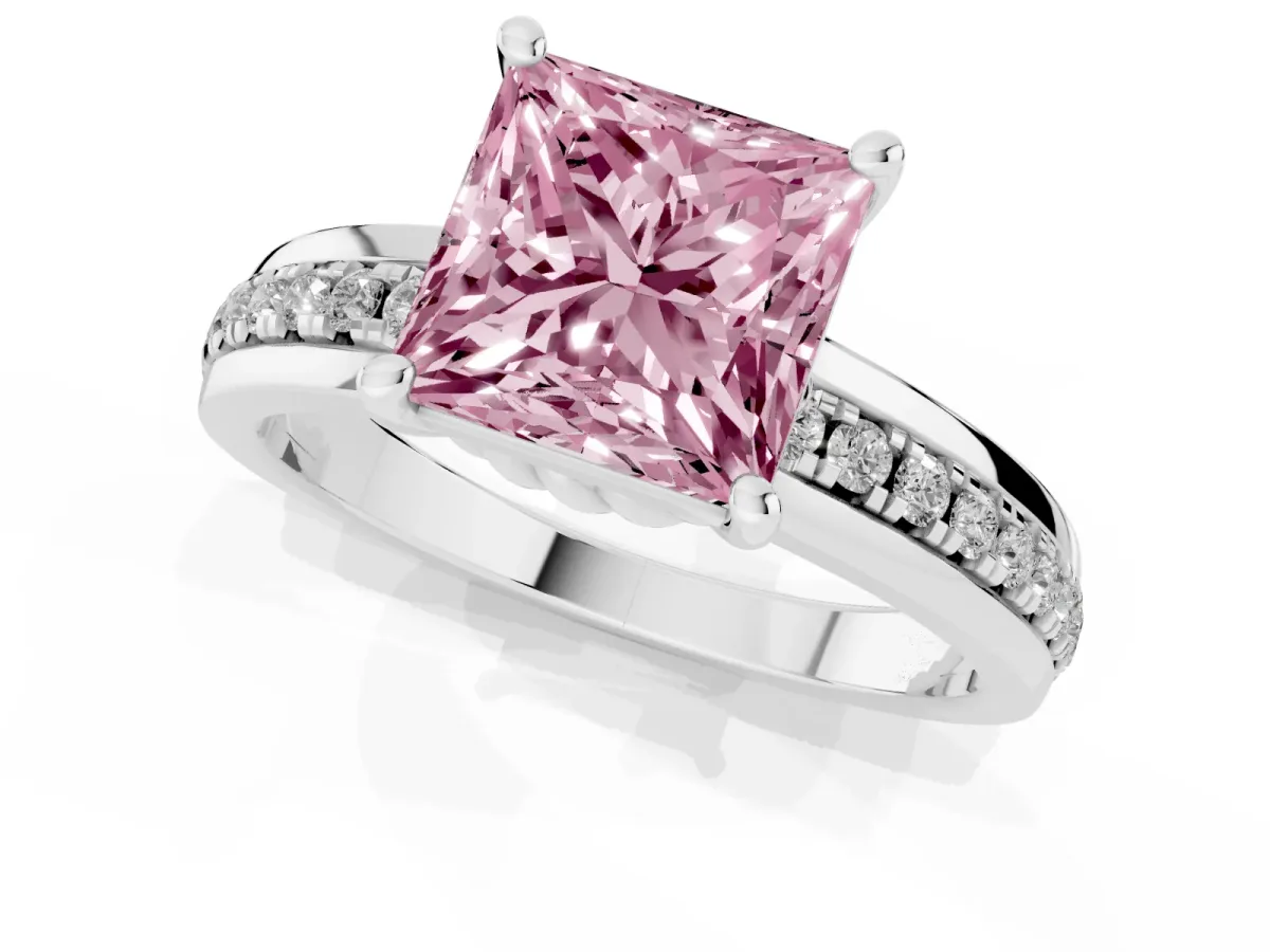 Fancy Pink Princess Cut Solitaire Diamond Ring with Channel Set Band and Six-Prong Setting Silver