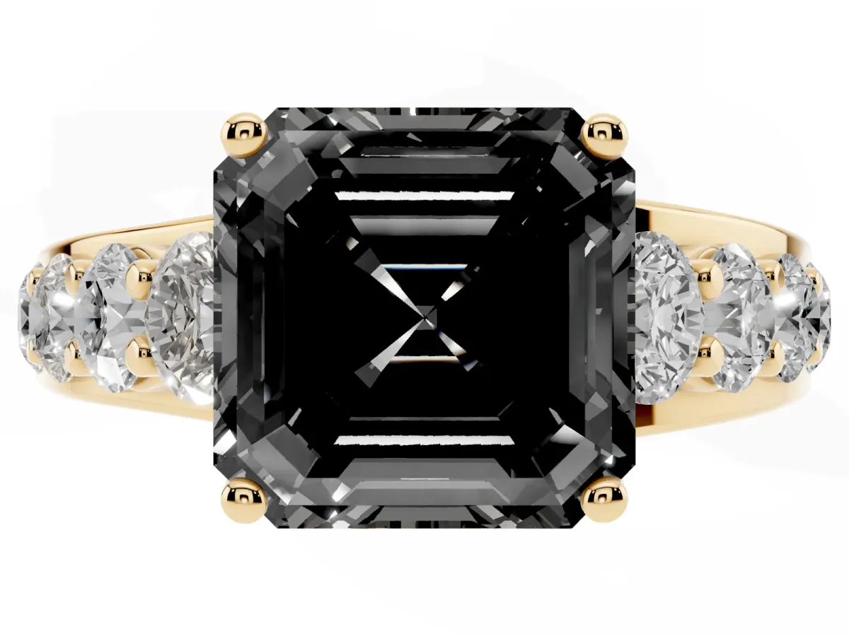 Fancy Black Asscher Cut Diamond Engagement Ring with Pavé Band and Four-Prong Setting Yellow gold