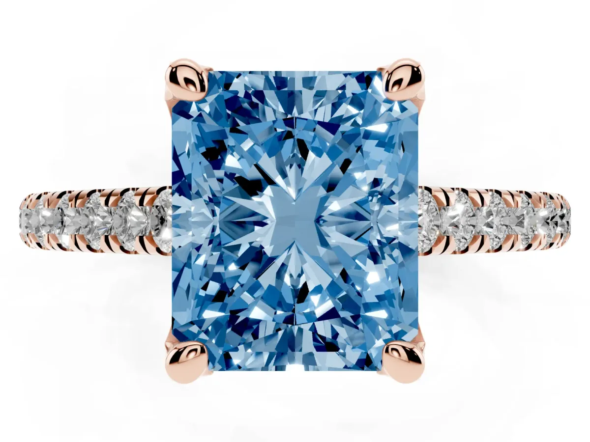 Fancy Blue Radiant Cut Brilliant Diamond Solitaire with Pavé Band and Four-Prong Setting Rose gold