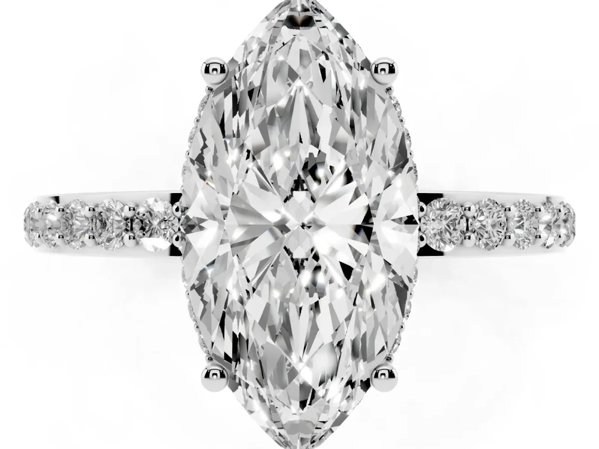 Marquise Cut Diamond Solitaire Ring with Pavé Band and Hidden Halo Silver