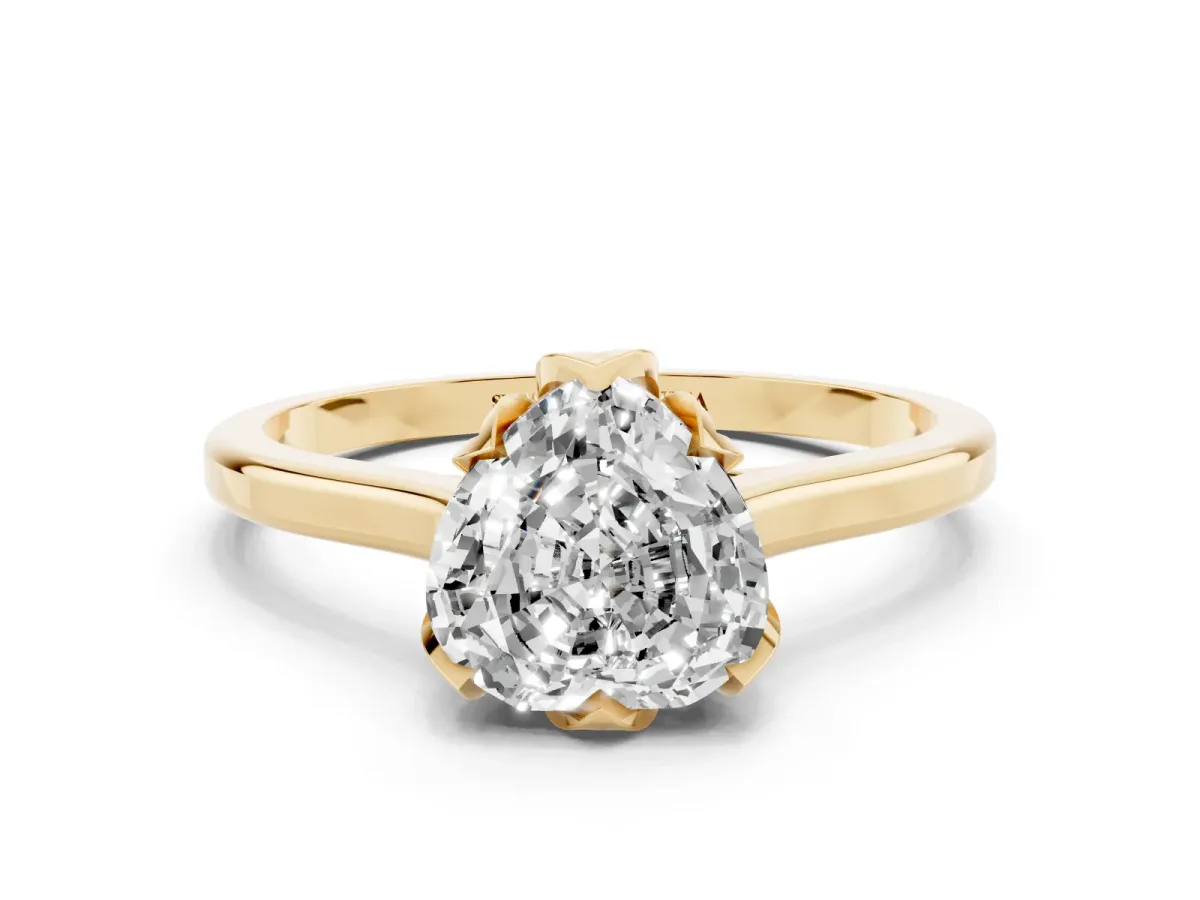 Heart Cut Diamond Solitaire Ring with Flower Prong Setting and Classic Band Yellow gold