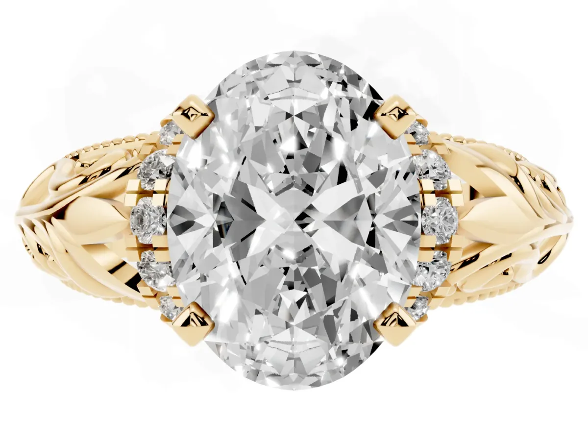 Oval Cut Solitaire Filigree Engagement Ring with Halo and Prong Setting Yellow gold
