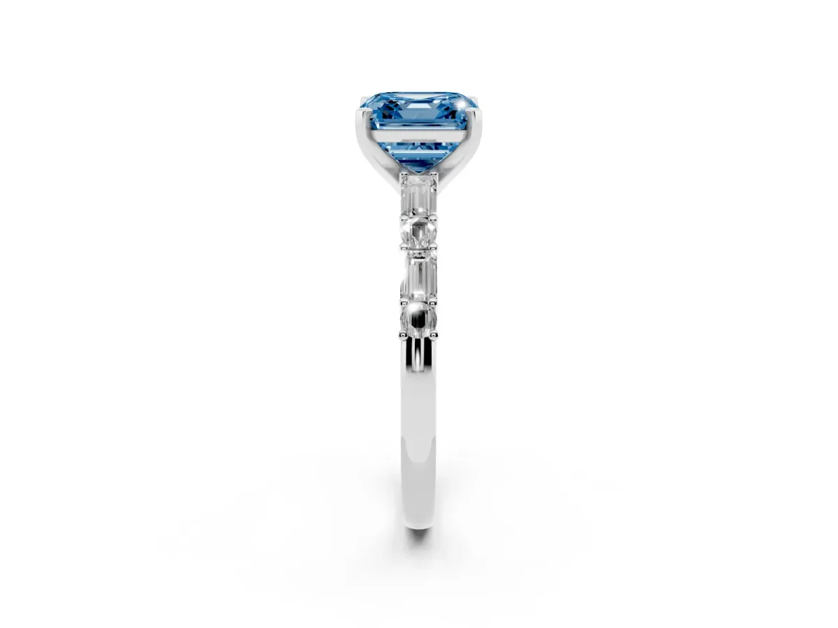 Fancy Blue Asscher Cut Diamond Solitaire with Side Baguettes and Channel Set Band Silver