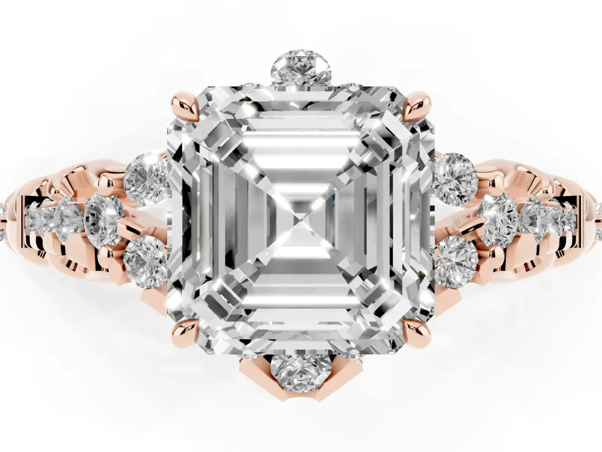Asscher Cut Diamond Solitaire Ring with Hidden Halo and Pavé Band Rose gold
