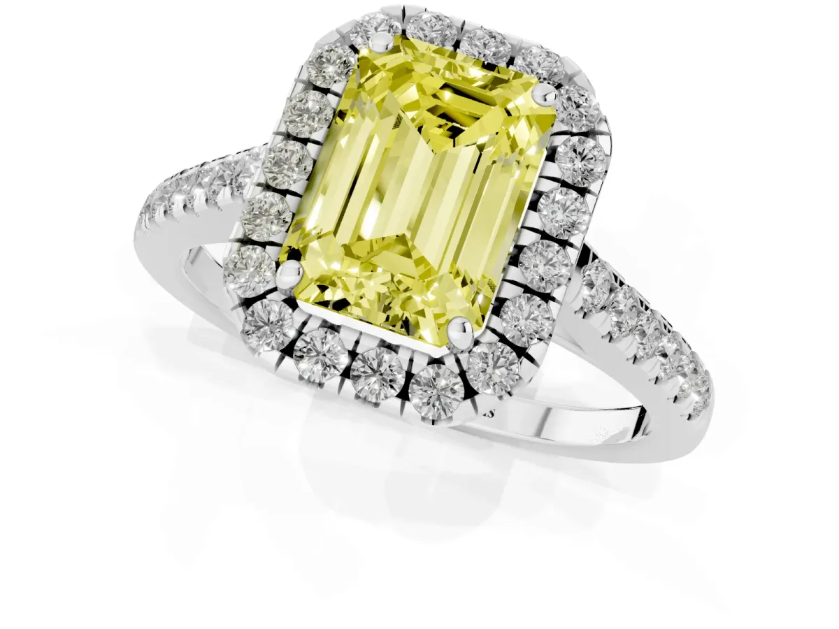 Fancy Yellow Emerald Cut Halo Pave Diamond Engagement Ring with Four-Prong Setting Silver