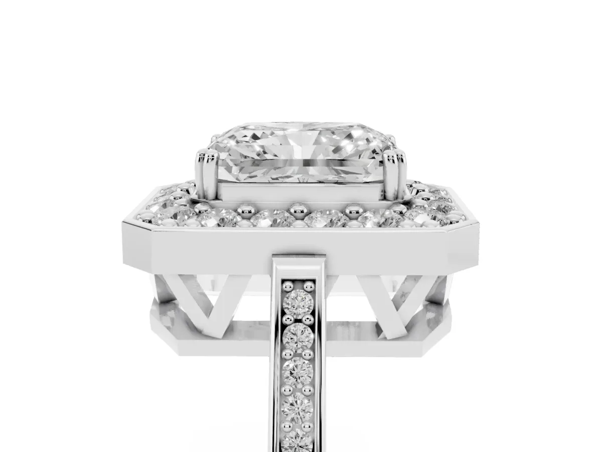 Radiant Cut Diamond Halo Ring with Split Shank and Four-Prong Setting Silver