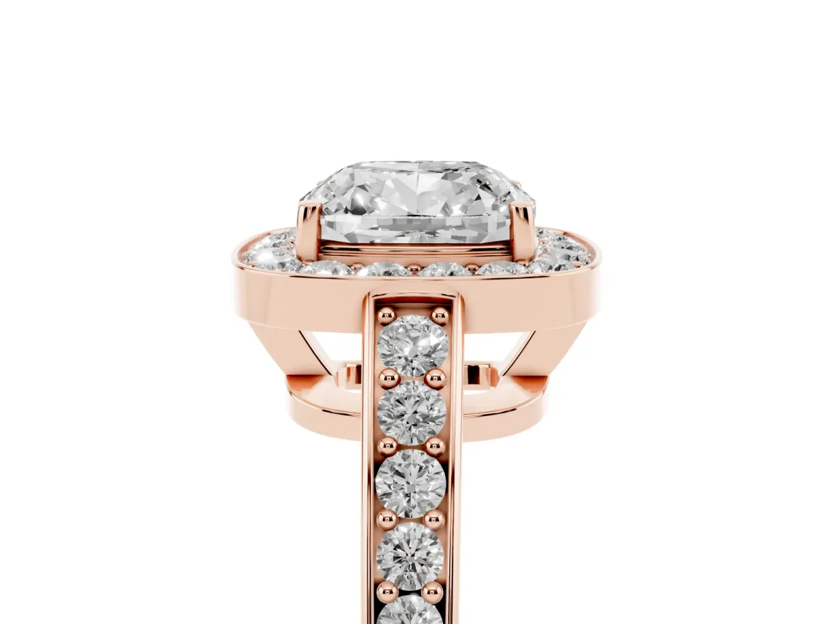 Cushion Cut Halo Pavé Diamond Engagement Ring with Bezel Setting Rose gold