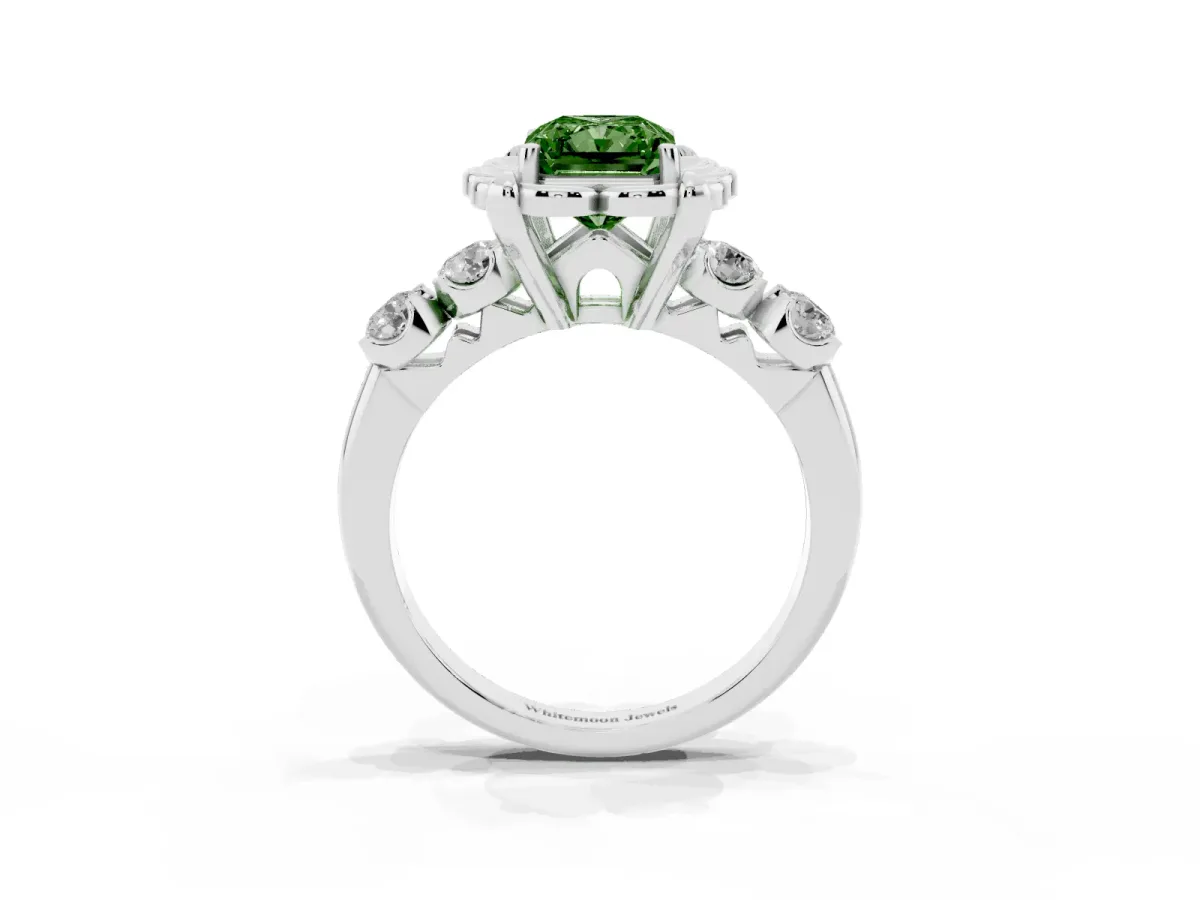 Fancy Green Radiant Cut Cut Diamond Floral Halo Engagement Ring with Shared Prong Setting White gold