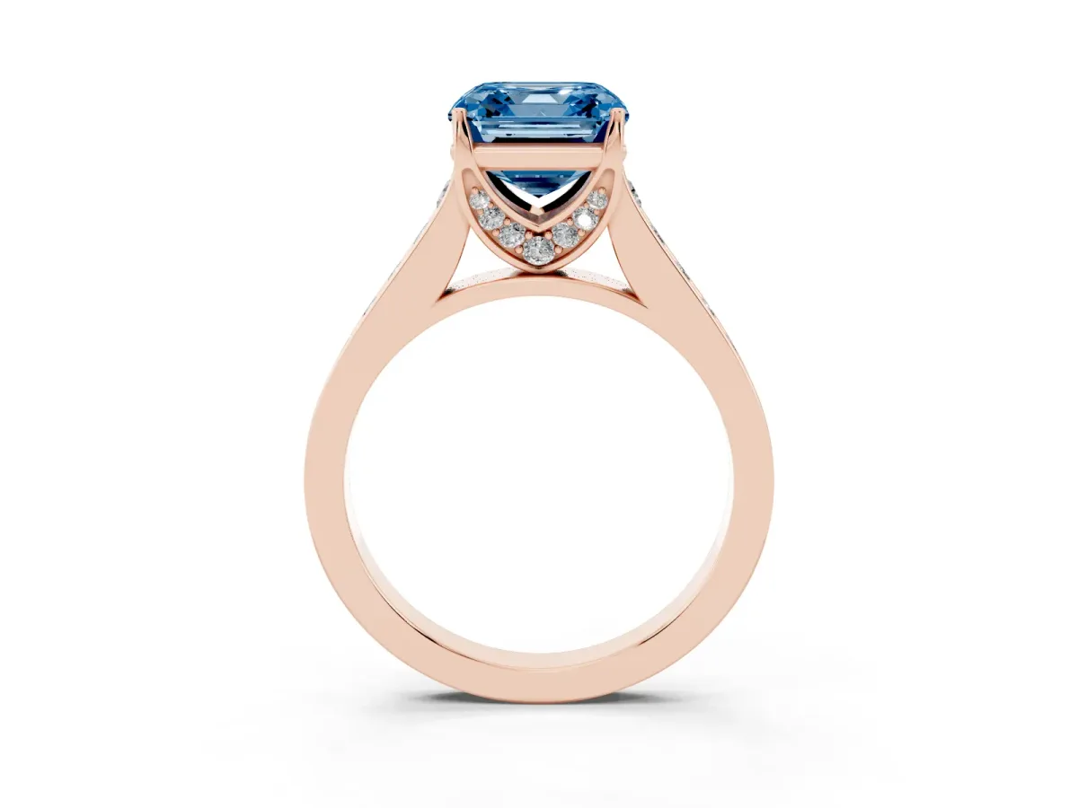 Fancy Blue Asscher Cut Brilliant Cut Diamond Engagement Ring with Pavé Band and Four-Prong Setting Rose gold