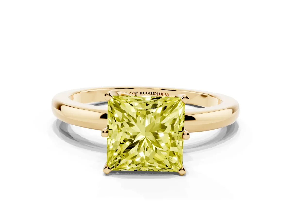 Fancy Yellow Princess Cut Solitaire Diamond Ring with Six-Prong Setting on a Classic Band Yellow gold
